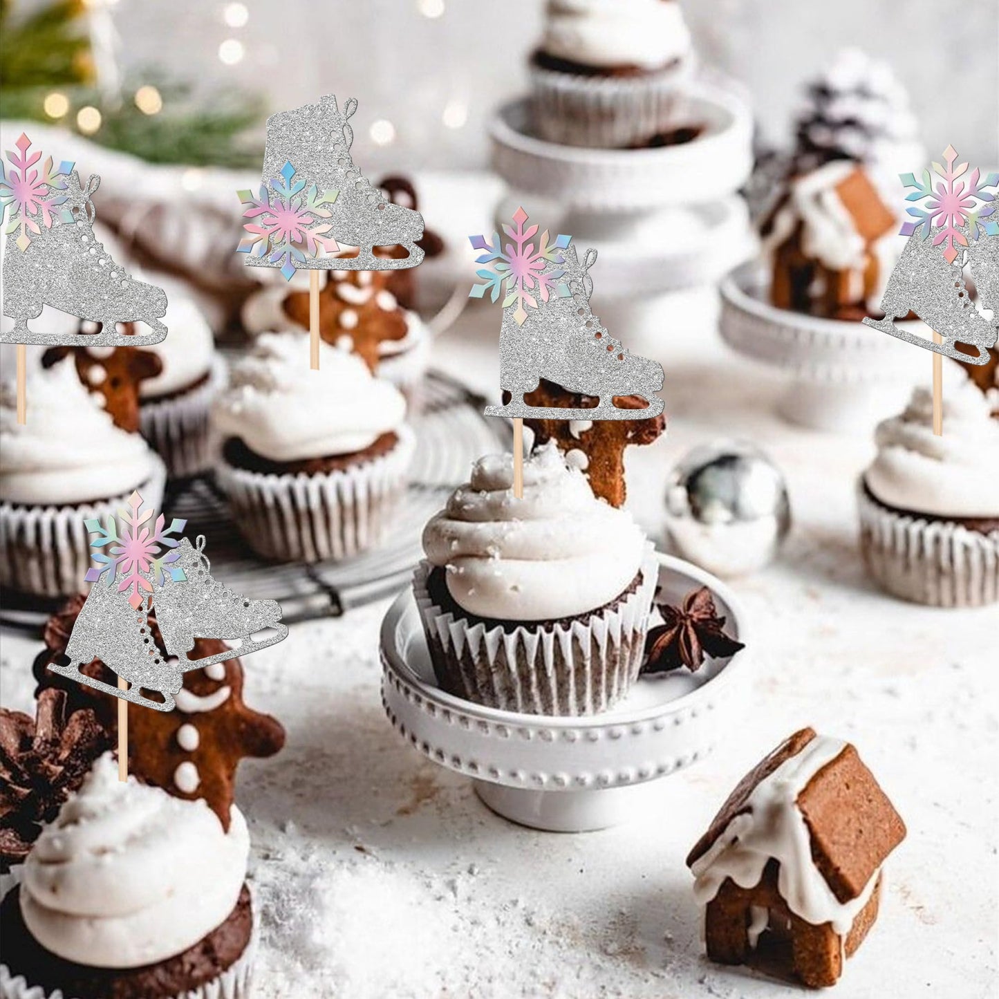 ZHUOWEISM Ice Skating Cupcake Toppers, 24 PCS Glitter Snowflake Picks, 2.2x4.11, Paper, Silver