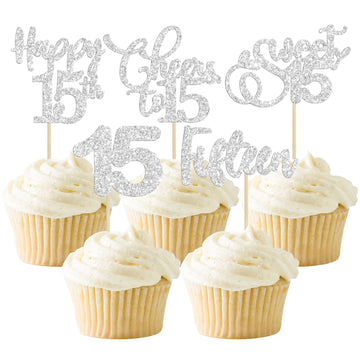 Ephlyn 30 Pack 15Th Birthday Cake Topper, Silver Glitter Cupcake Toppers For Birthday, Anniversary, Wedding Party Decorations