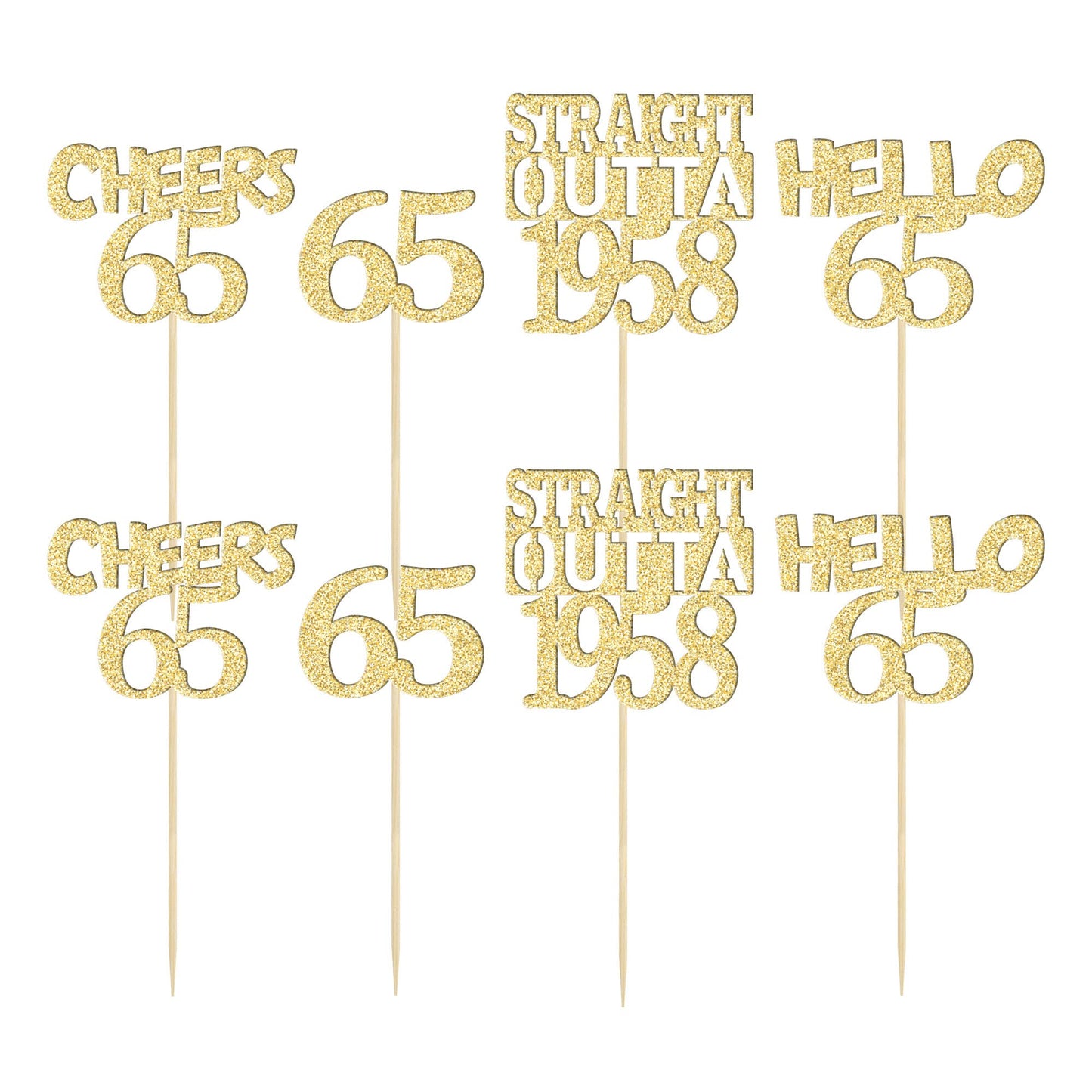 Gyufise 24Pcs Happy 65th Cupcake Toppers Glitter Sixty-five Straight Outta 1958 Cupcake Picks Cheers to 65 Years Birthday Cake D