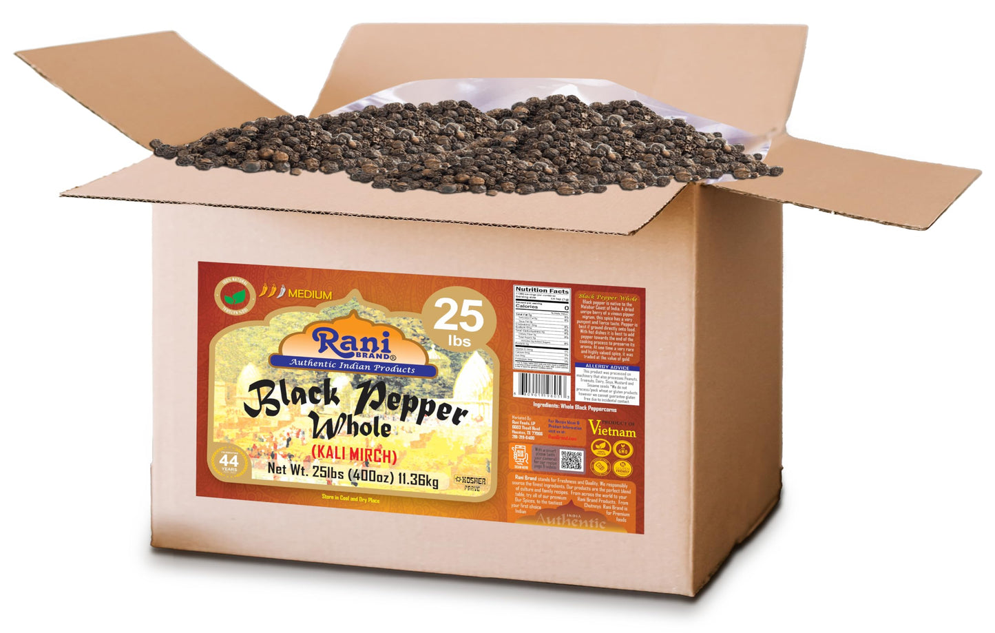 Rani Black Pepper Whole (Peppercorns), Premium Mg-1 Grade 400Oz (25Lbs) 11.36Kg Bulk Box ~ All Natural | Gluten Friendly | Non-Gmo | Kosher | Product Of Vietnam | Perfect Size For Grinders!