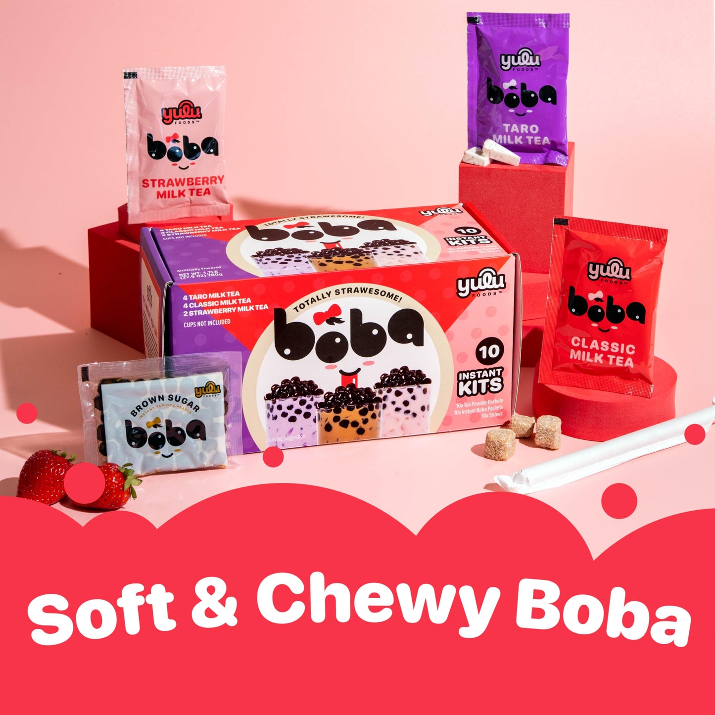 YULU FOODS Boba Bundle Kit - 10 Servings Instant Bubble Pearl Variety Milk Tea with Brown Sugar Tapioca Pearls - Includes Paper Straws