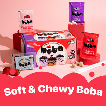 YULU FOODS Boba Bundle Kit - 10 Servings Instant Bubble Pearl Variety Milk Tea with Brown Sugar Tapioca Pearls - Includes Paper Straws