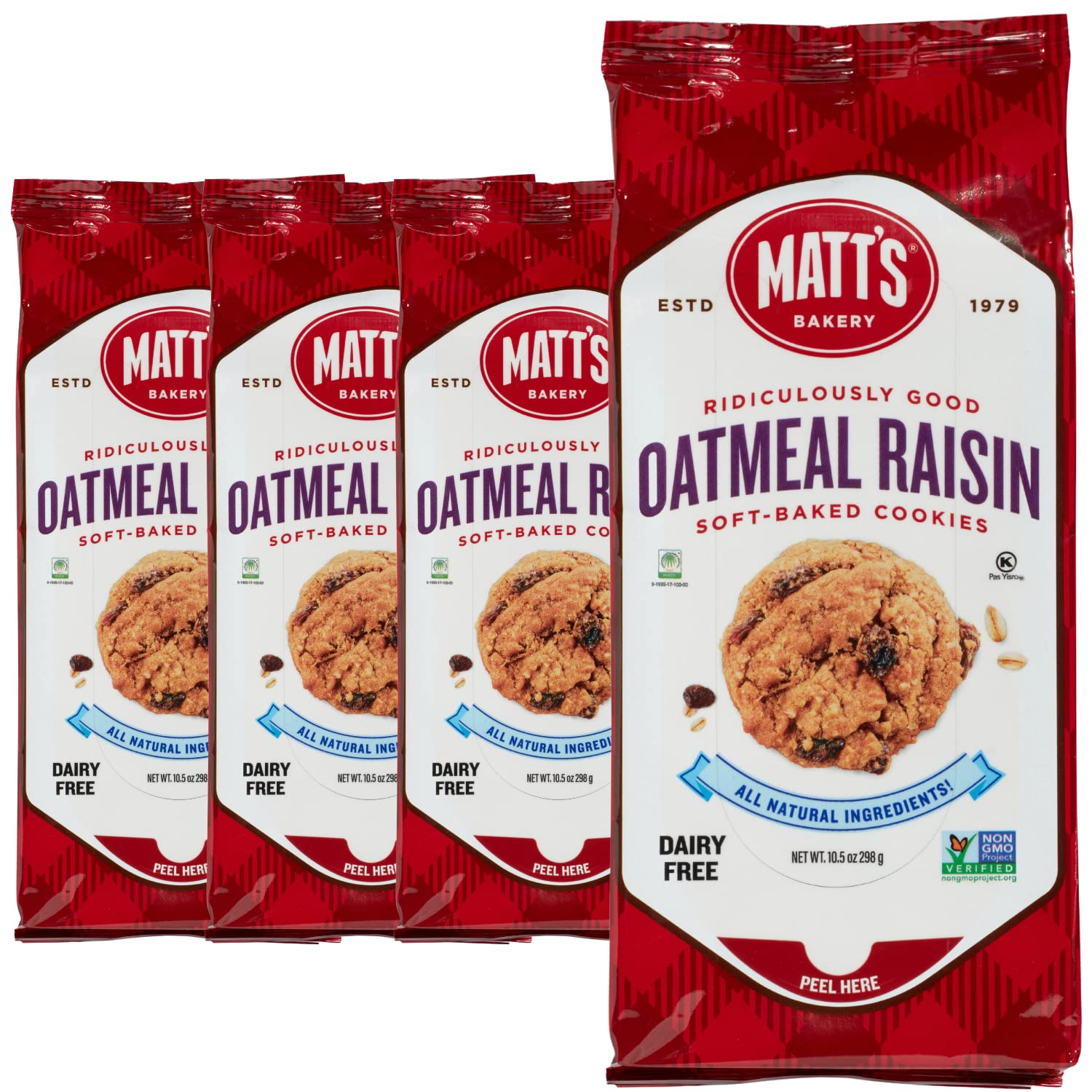 Matts Bakery | Oatmeal Raisin Cookies | Soft-Baked, Non-GMO, All-Natural Ingredients; 4 Bags (10.5oz Each)