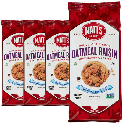 Matts Bakery | Oatmeal Raisin Cookies | Soft-Baked, Non-GMO, All-Natural Ingredients; 4 Bags (10.5oz Each)