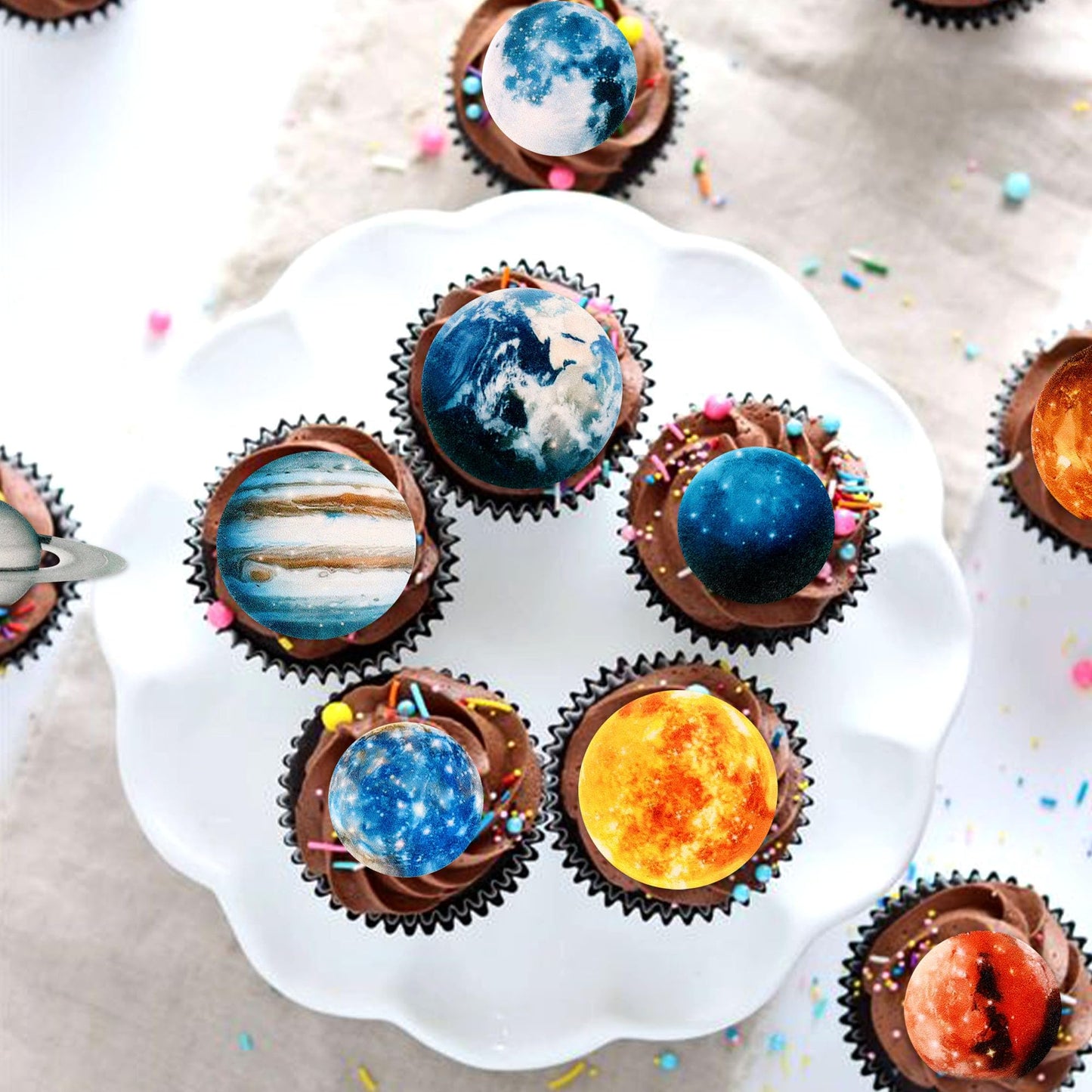 54 Pcs Edible Outer Space Cupcake Toppers Wafer Paper Solar System Galaxy Universe Planets Cupcake Picks For Drink Topper Baby S