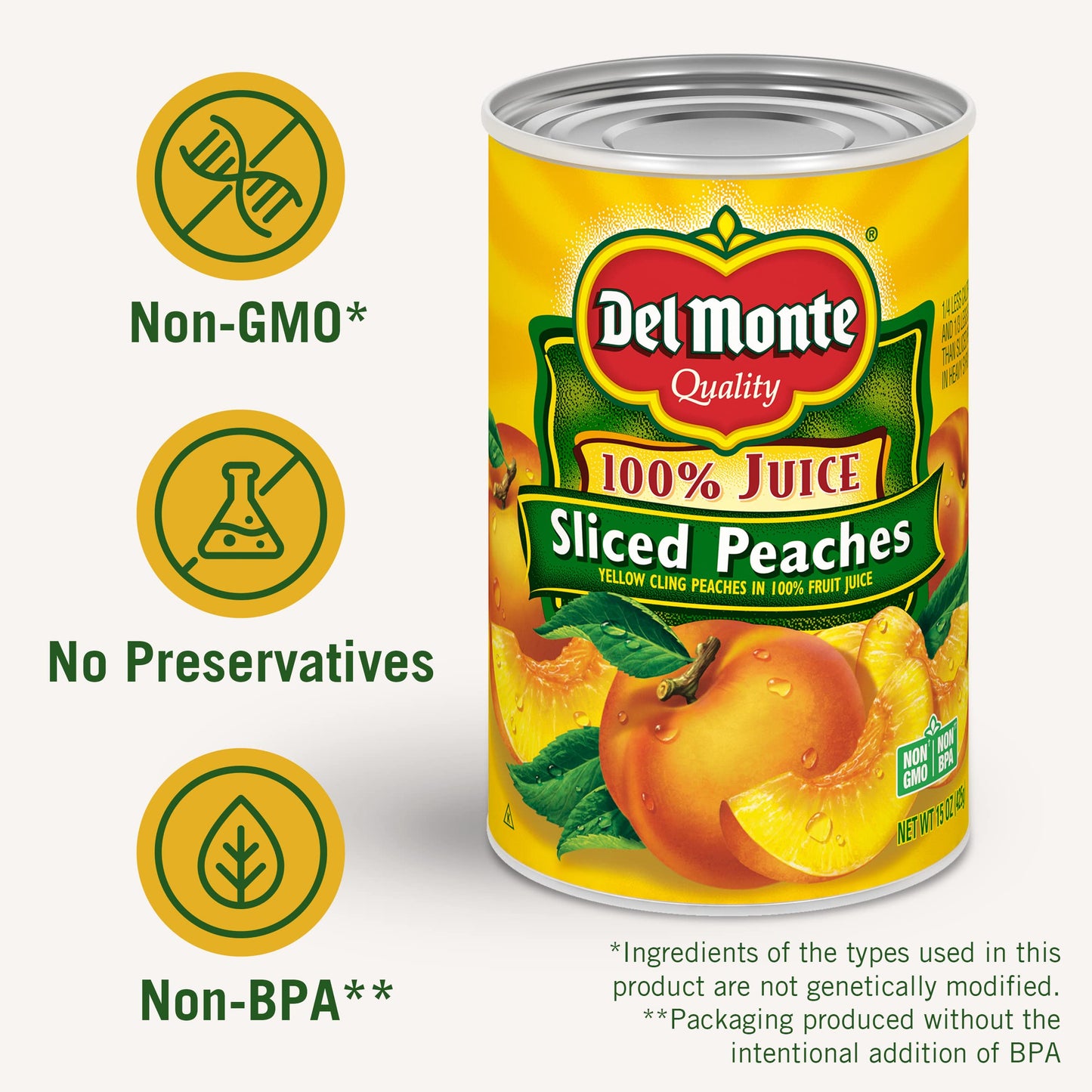 Del Monte Peaches Sliced Yellow Cling 100% Juice, 15 Oz, 3 Pk