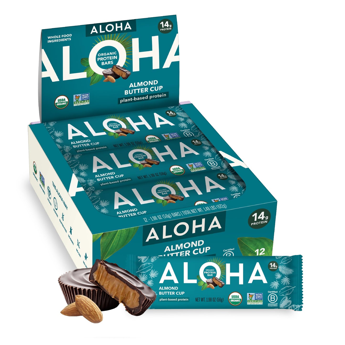 ALOHA Organic Plant Based Protein Bars - Almond Butter Cup - Vegan, Gluten-Free, Low Sugar - 12 Bars, 1.7 x 4.15 x 0.375 inches
