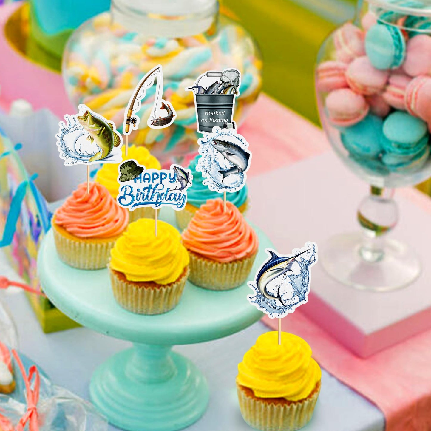 Cyodoos 36Pcs Fishing Cupcake Toppers Go Fishing Theme Decorations Baby Shower Boys Girls Happy Birthday Party Tropical Party Ca
