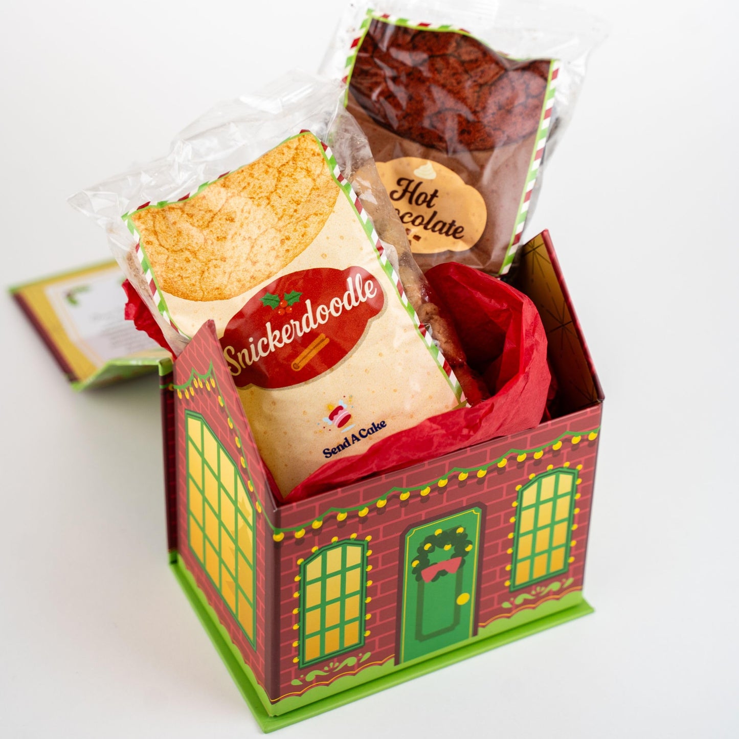 Christmas Cookie House Gift Box With 2 Cookie Flavors Inside By Send A Cake – Hot Chocolate & Snickerdoodle Sugar Cookies – Festive Holiday Gift For Women, Men, Sister, Mom, Dad, Best Friend, Mature-Themeds, Kids