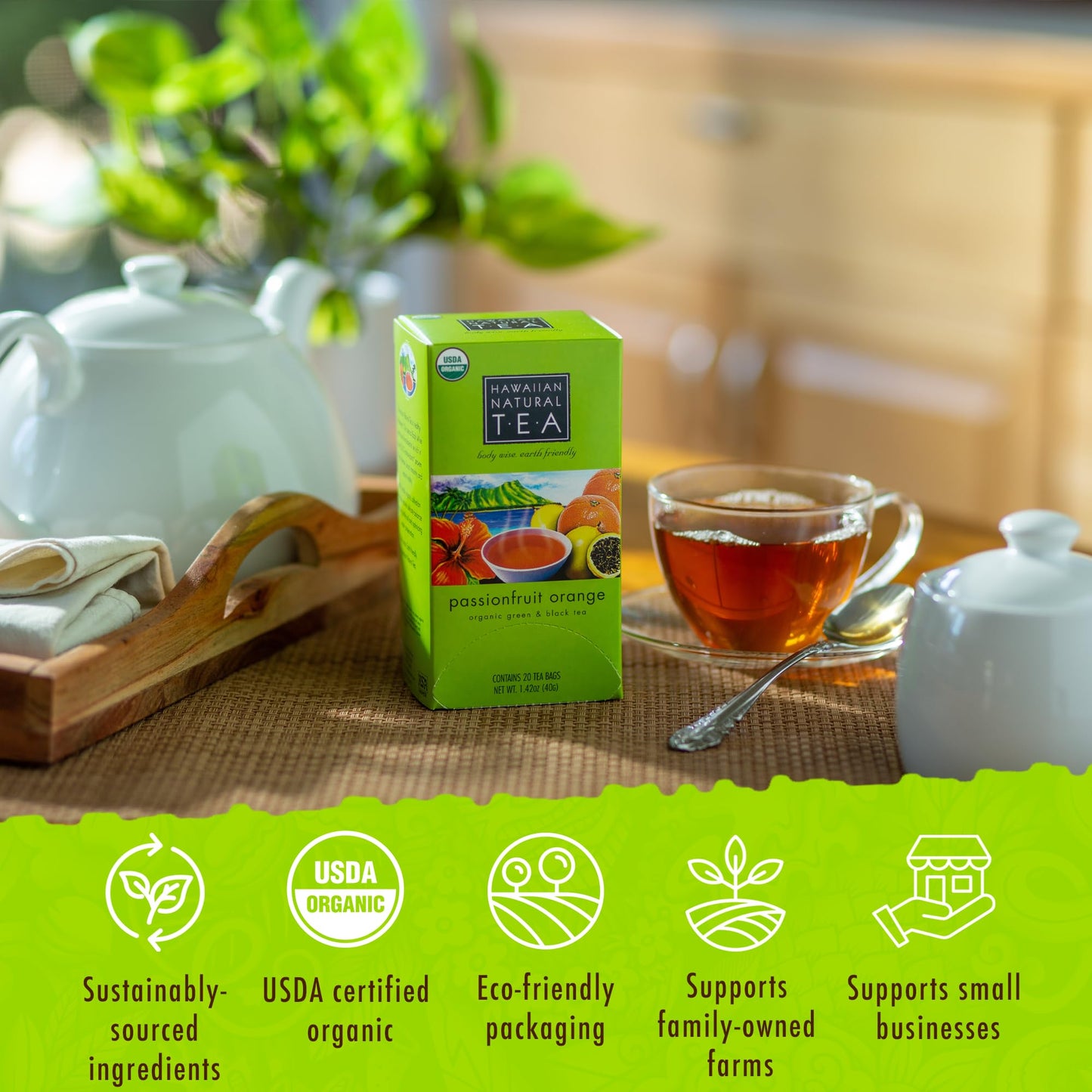 Hawaiian Natural Passion Fruit Orange Flavored Organic Tea - Tropical Fruit Green & Black Tea Blend, Perfect Daily Cup & Gift -