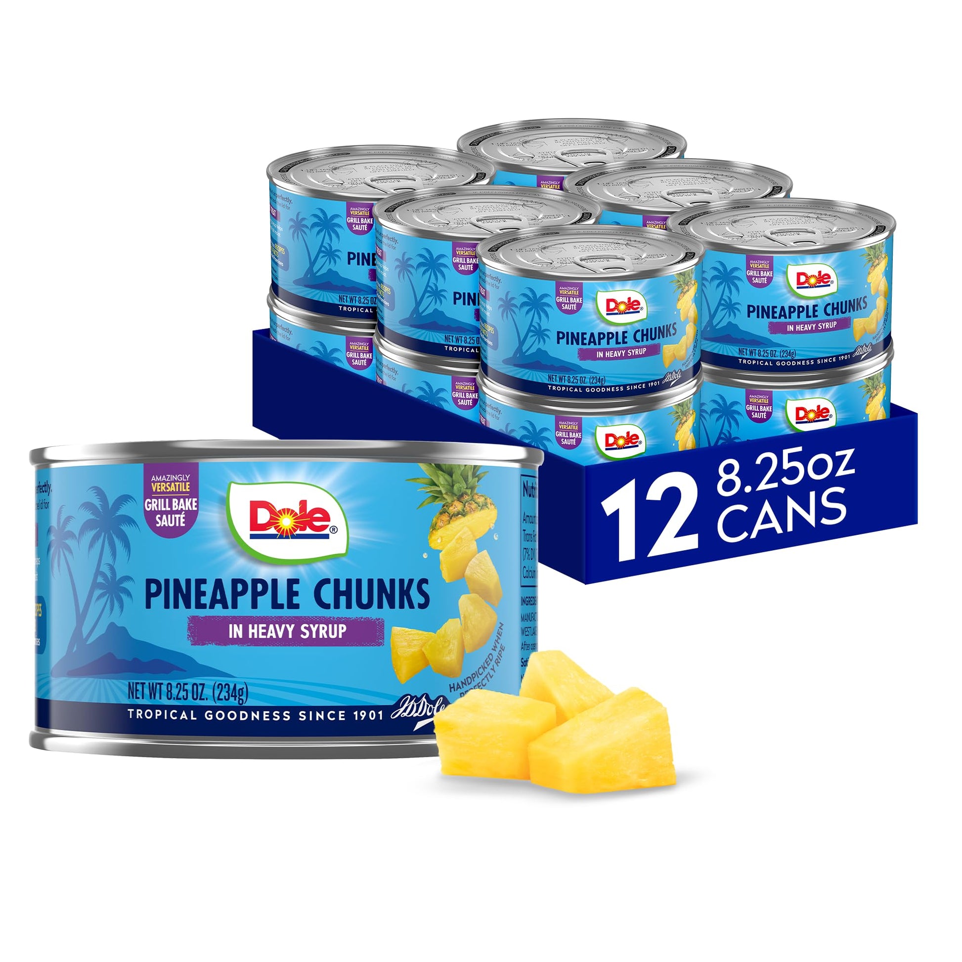 Dole Canned Fruit, Pineapple Chunks In Heavy Syrup, Gluten Free, Pantry Staples, 8.25 Oz, 12 Count, Packaging May Vary