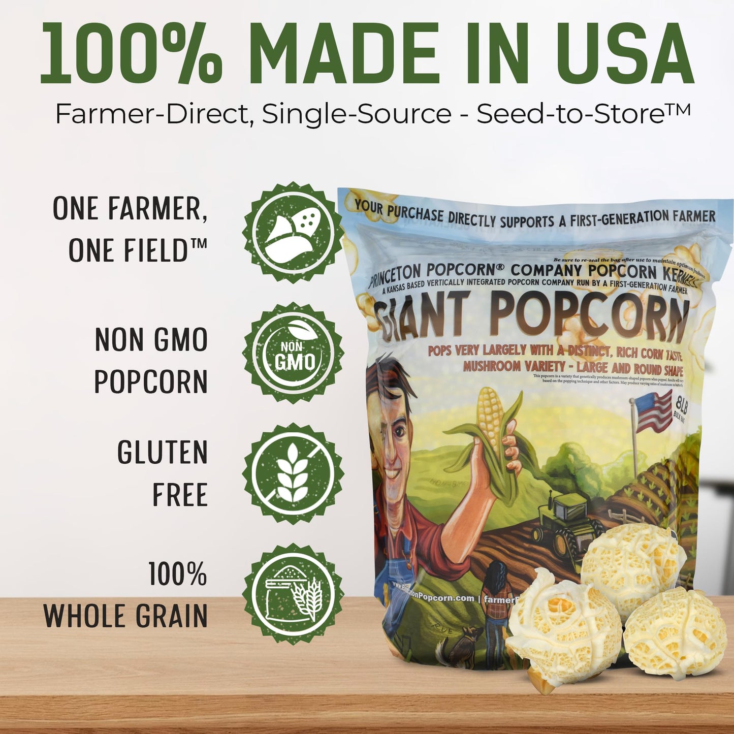 Mushroom Popcorn Kernels By Princeton Popcorn Farm Grown, Non Gmo, Gluten Free Unpopped, Ball Shaped, Old Fashion Popcorn Pops E
