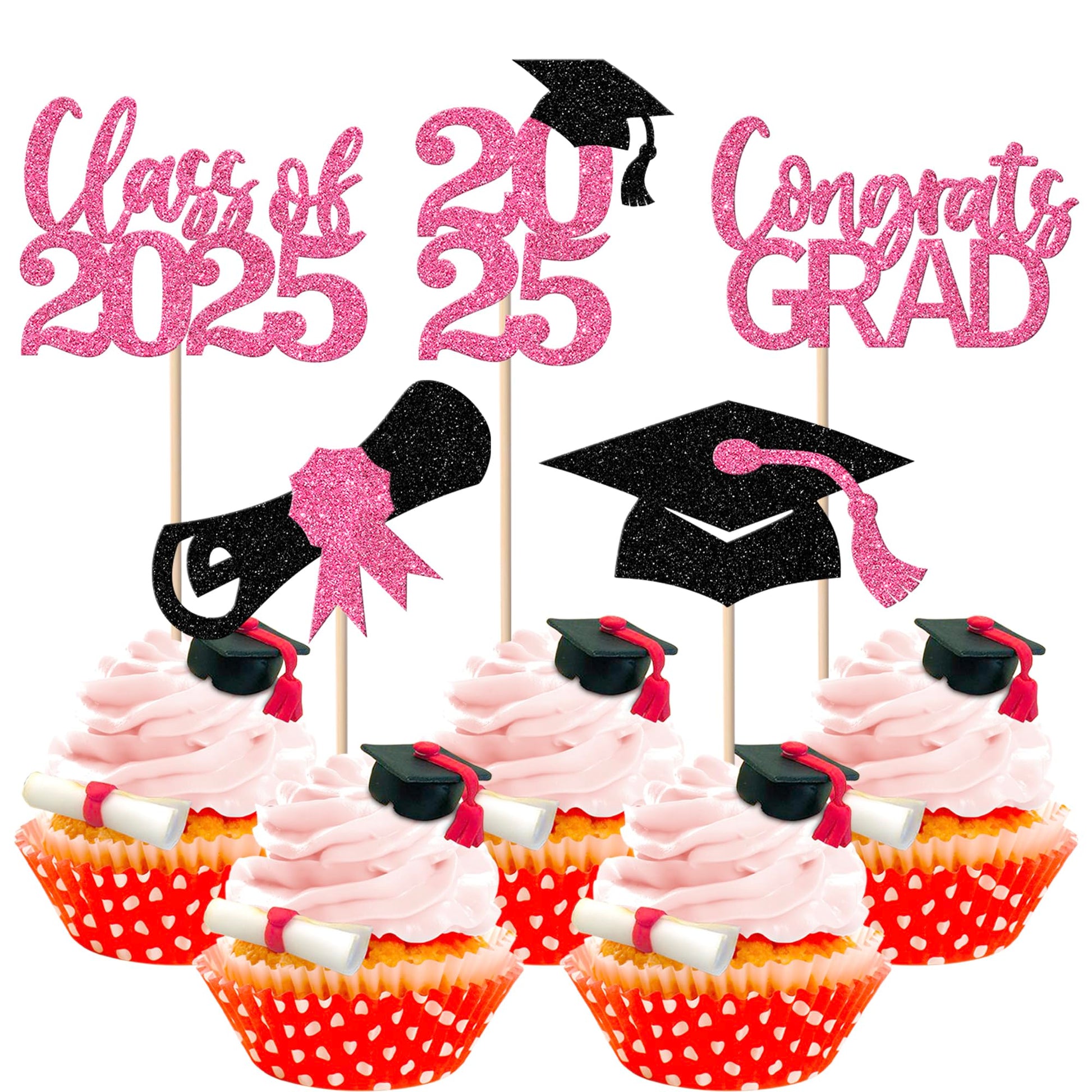 YCTHUNFISH Graduation Cupcake Toppers, 30 Pack, Pink, Glitter Congrats Grad Cap & Diploma Decorations for Class of 2025 Party Supplies