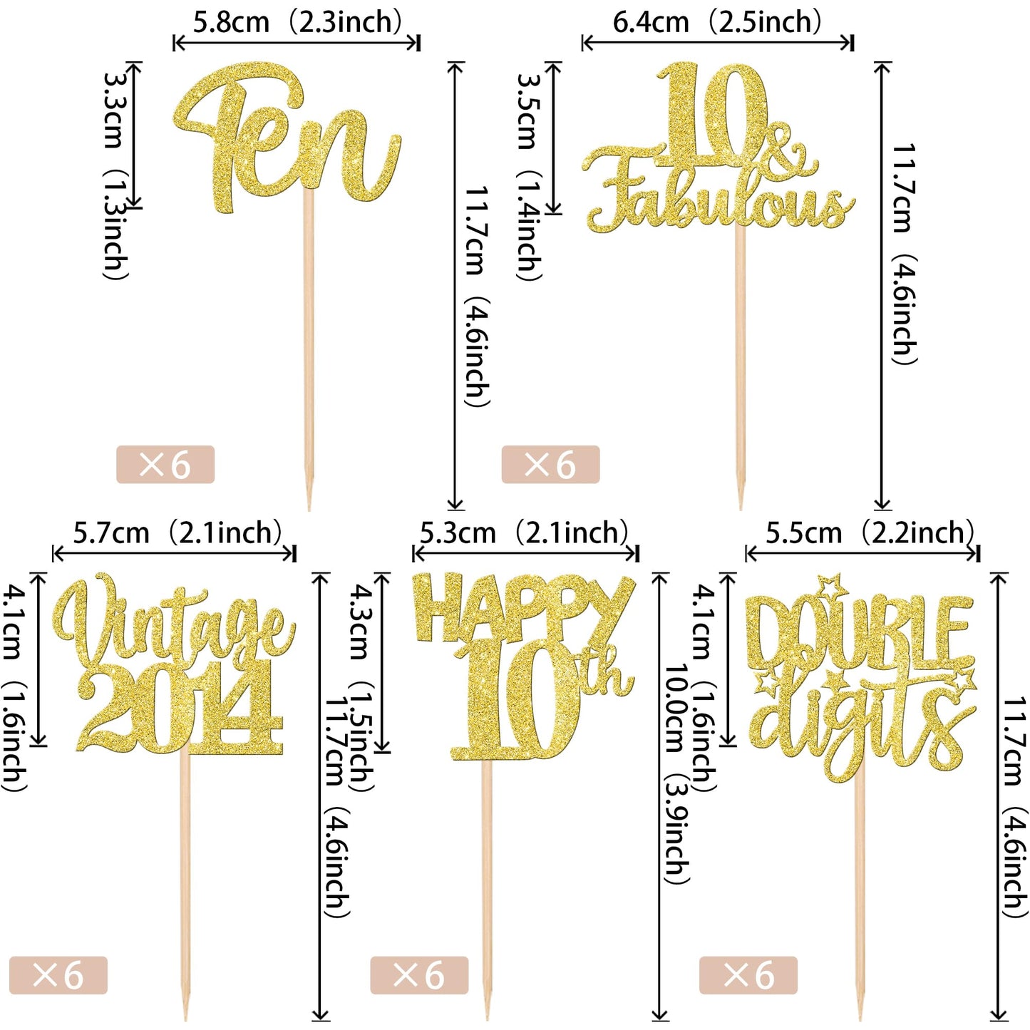 30Pcs Happy 10Th Birthday Cupcake Toppers Glitter Ten 10 Fabulous Vintage 2014 Cupcake Picks Cheers To 10 Years For 10Th Birthda