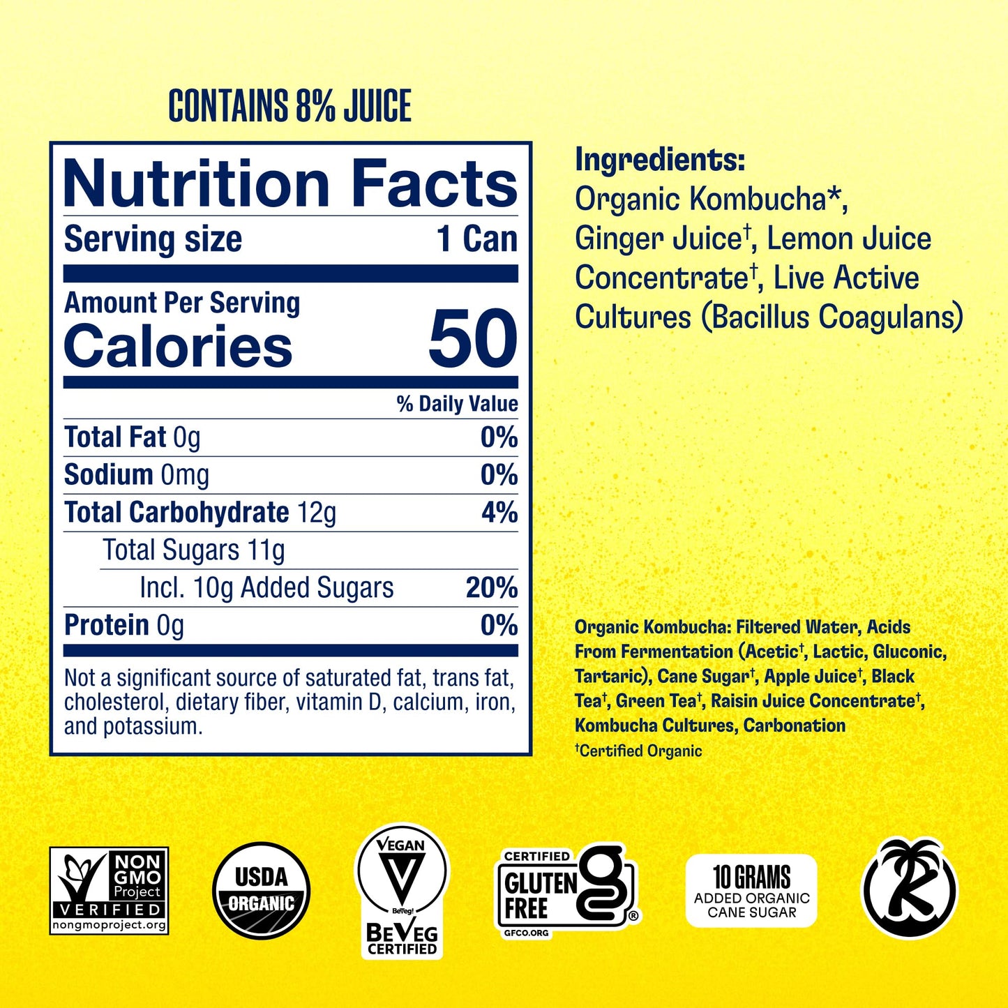 Health-Ade Ginger-Lemon Kombucha, Organic Drink, 12-Pack (11.5 Fl Oz Cans) - Fermented Tea With Probiotics, Detoxifying Acids, S