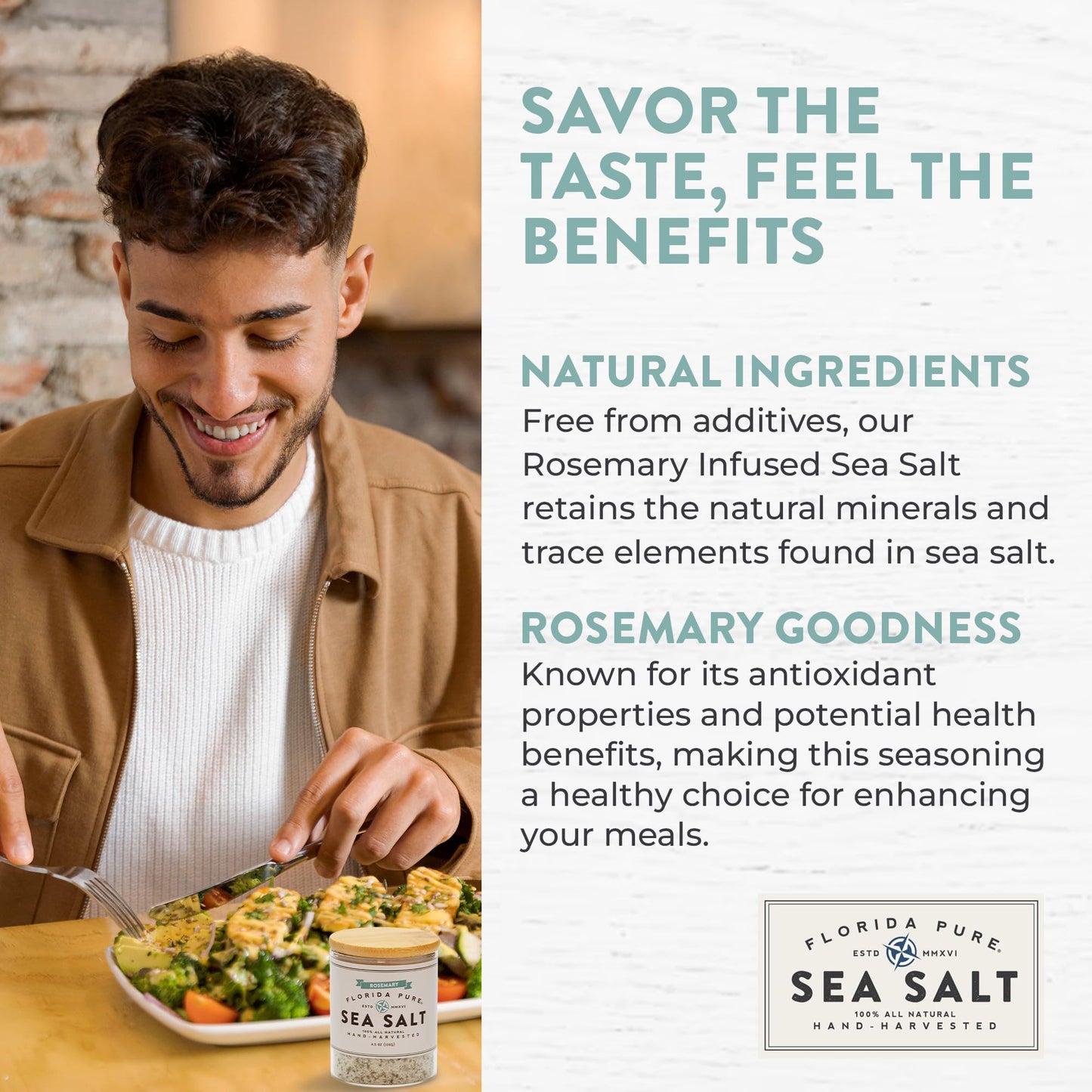 FLORIDA PURE Rosemary Sea Salt - 80+ Mineral Sea Salt, Natural, Unrefined, Non Iodized - for Baking, Cooking, Seasoning & Enhanc