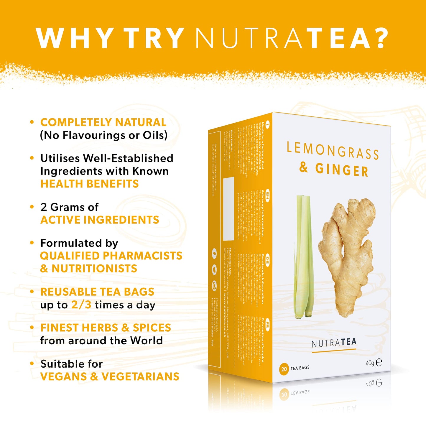 Nutra Tea - Lemongrass & Ginger Tea - 40 Tea Bags - Herbal Tea - (2 Pack)