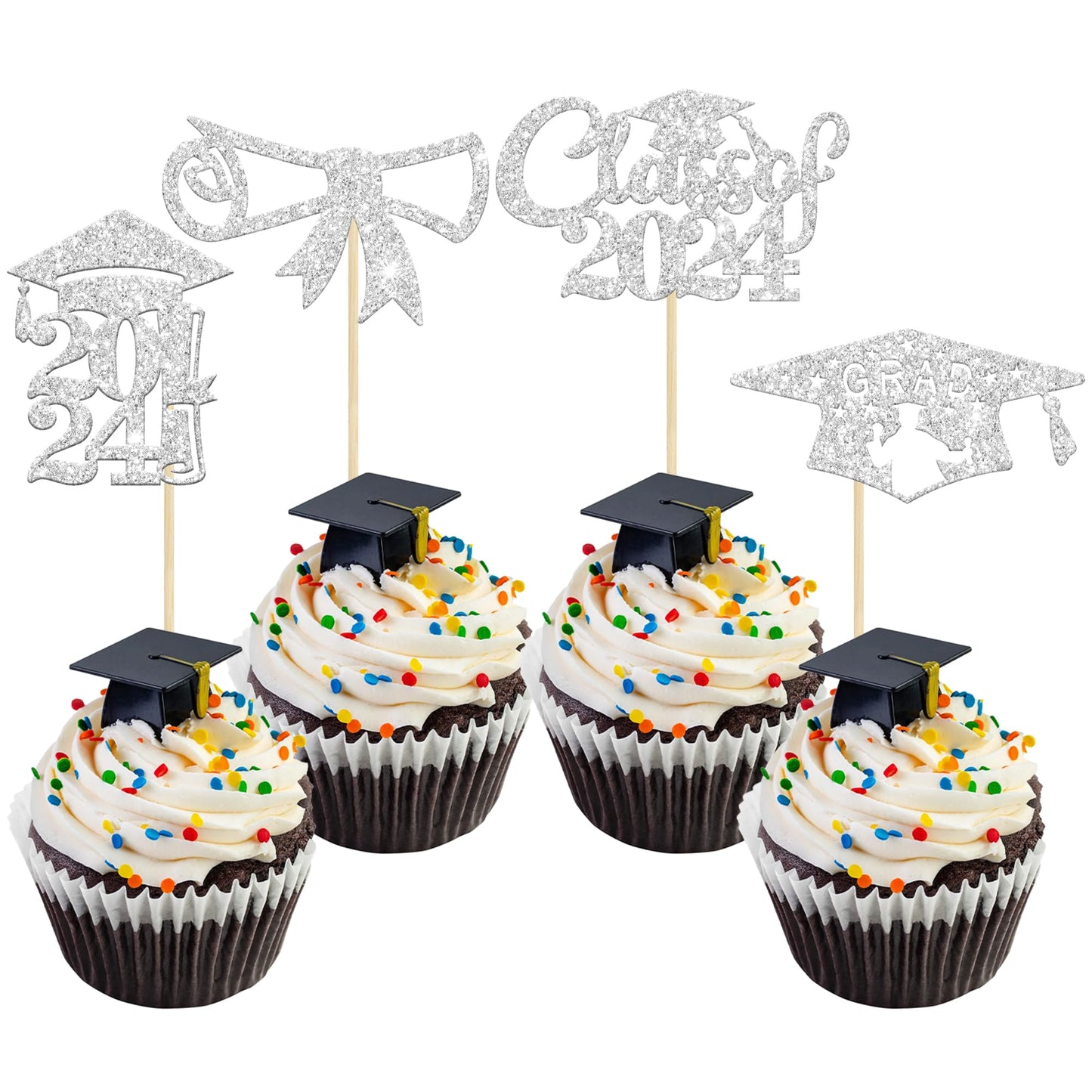 Gyufise 24Pcs Silver Glitter 2024 Graduation Cupcake Toppers Diploma Congrats Grad Cap Diploma Cupcake Picks For Graduation Part