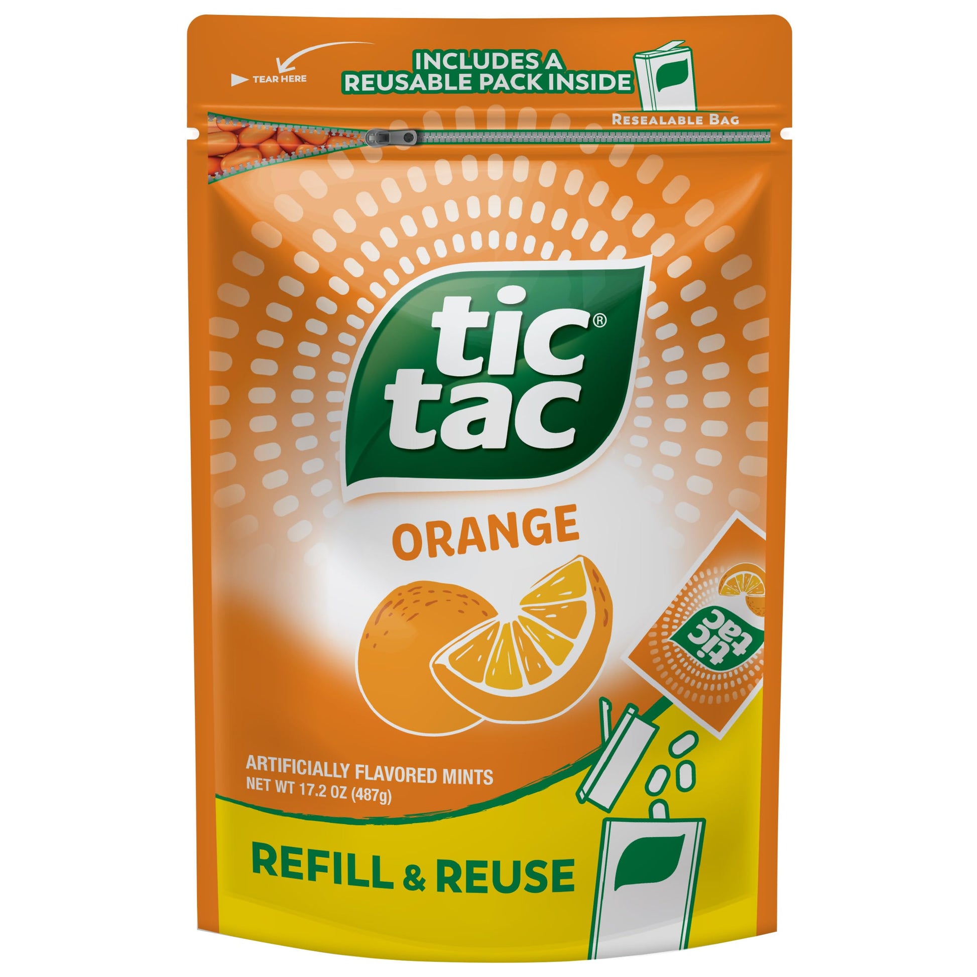 Tic Tac Orange Flavored Mints, 17.2 oz Bulk Refill Bag, Includes Refillable Pack