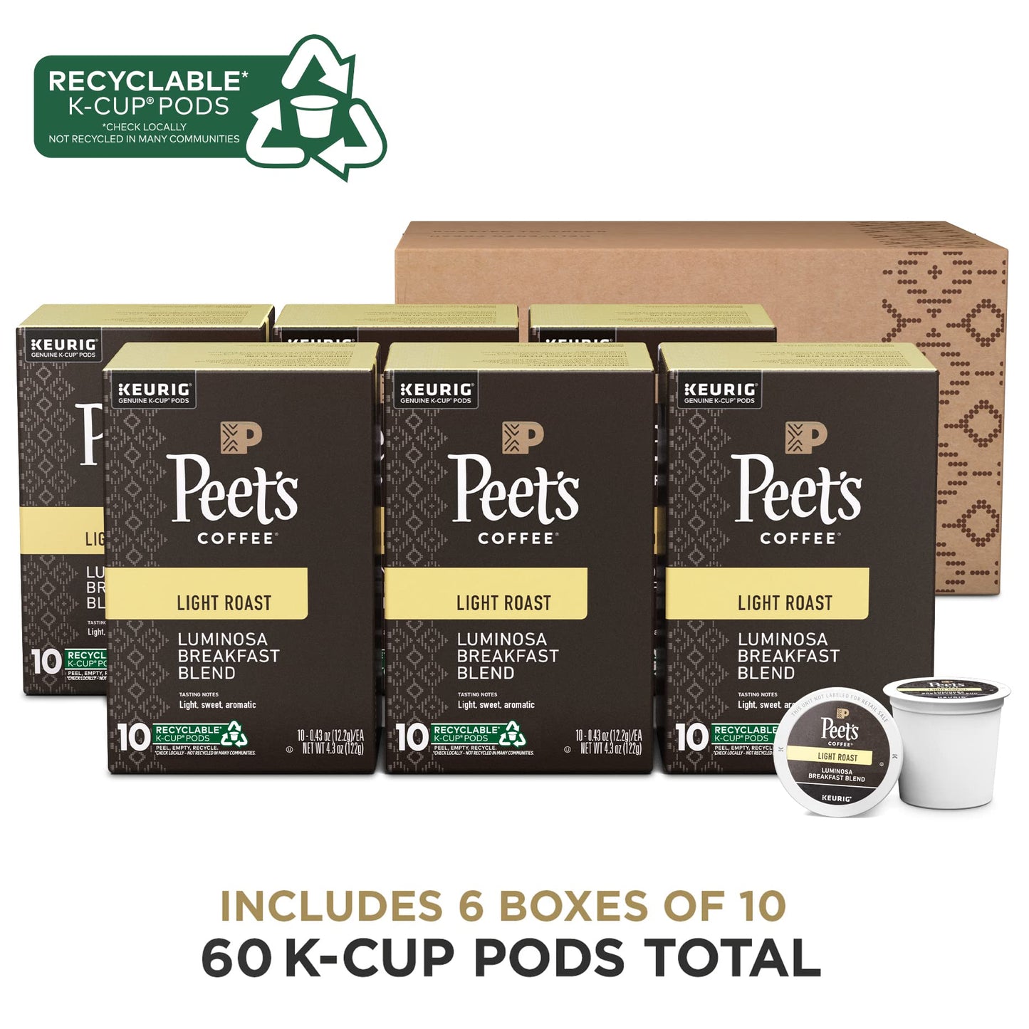 Peets Coffee Light Roast K-Cup Pods - Luminosa Breakfast Blend, 60 K-Cups, Model 507088