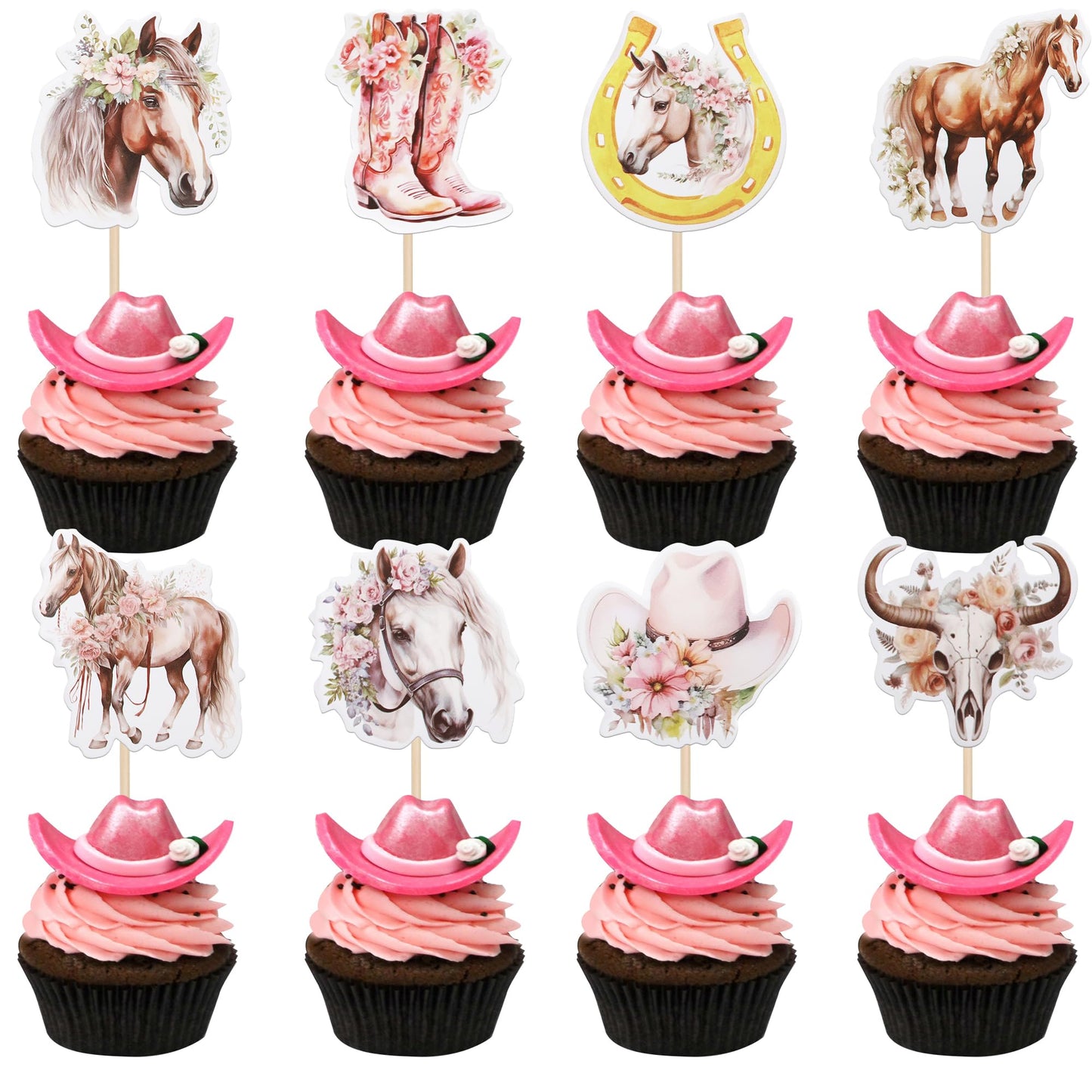 40 PCS Horse Cupcake Toppers Floral Horse Western Cowgirl Cupcake Picks Horseshoe Hat Boots Cowgirl Birthday Cake Decorations fo