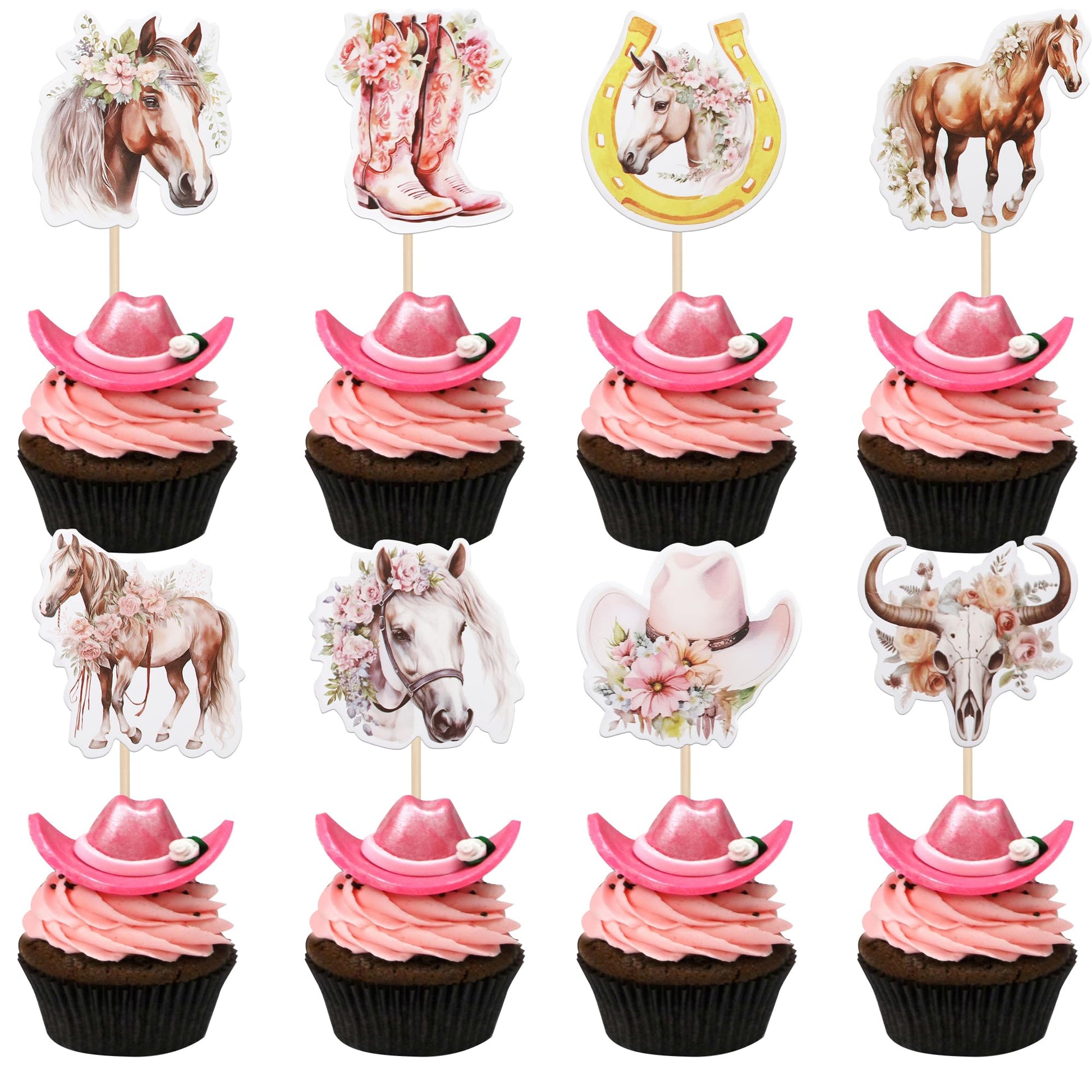 40 PCS Horse Cupcake Toppers Floral Horse Western Cowgirl Cupcake Picks Horseshoe Hat Boots Cowgirl Birthday Cake Decorations fo