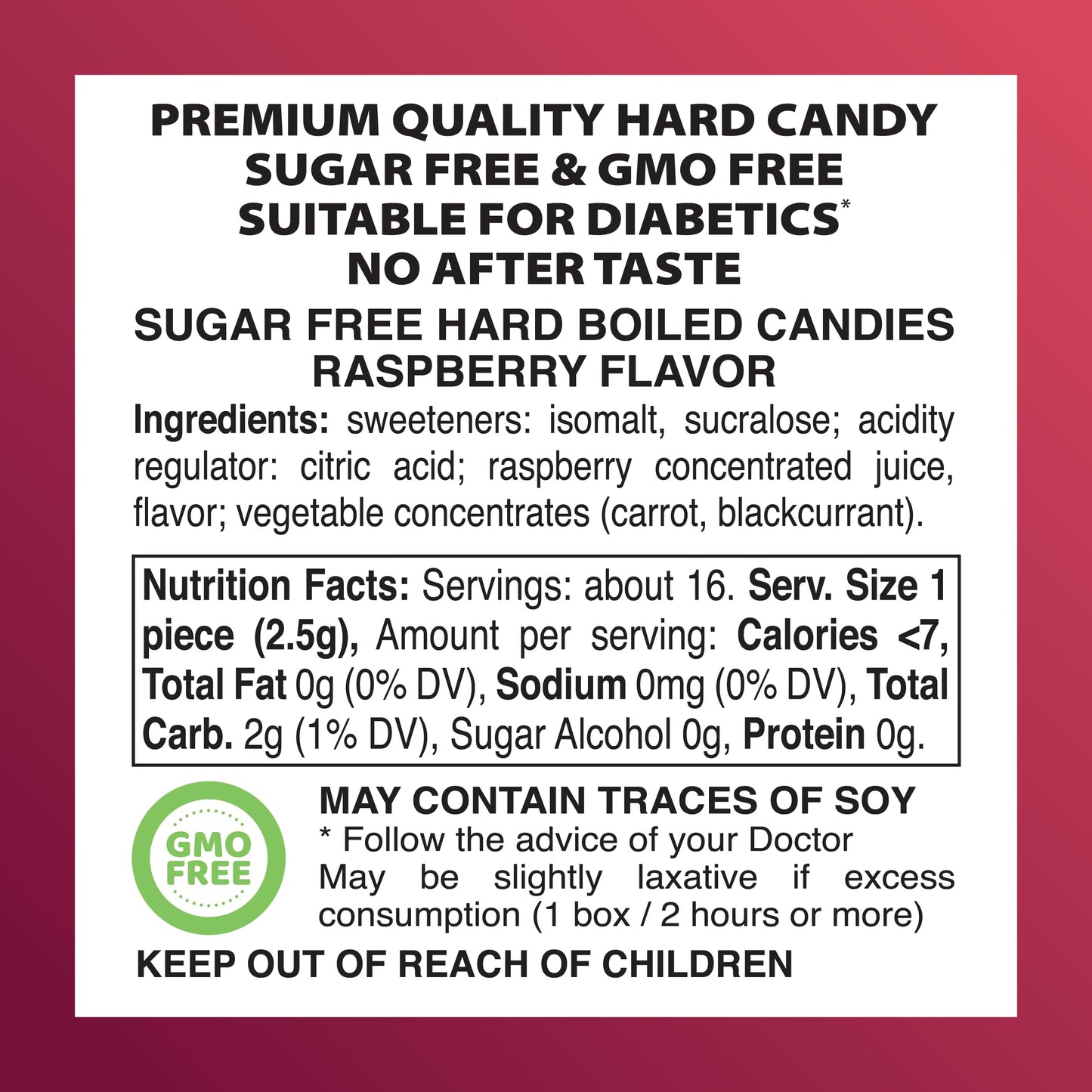 Swiss Imports Sugar Free Bonbons Hard Candy Drops, Raspberry, 17.6 Oz/ 500G Bocca Box With 200 Individually Wrapped Pieces