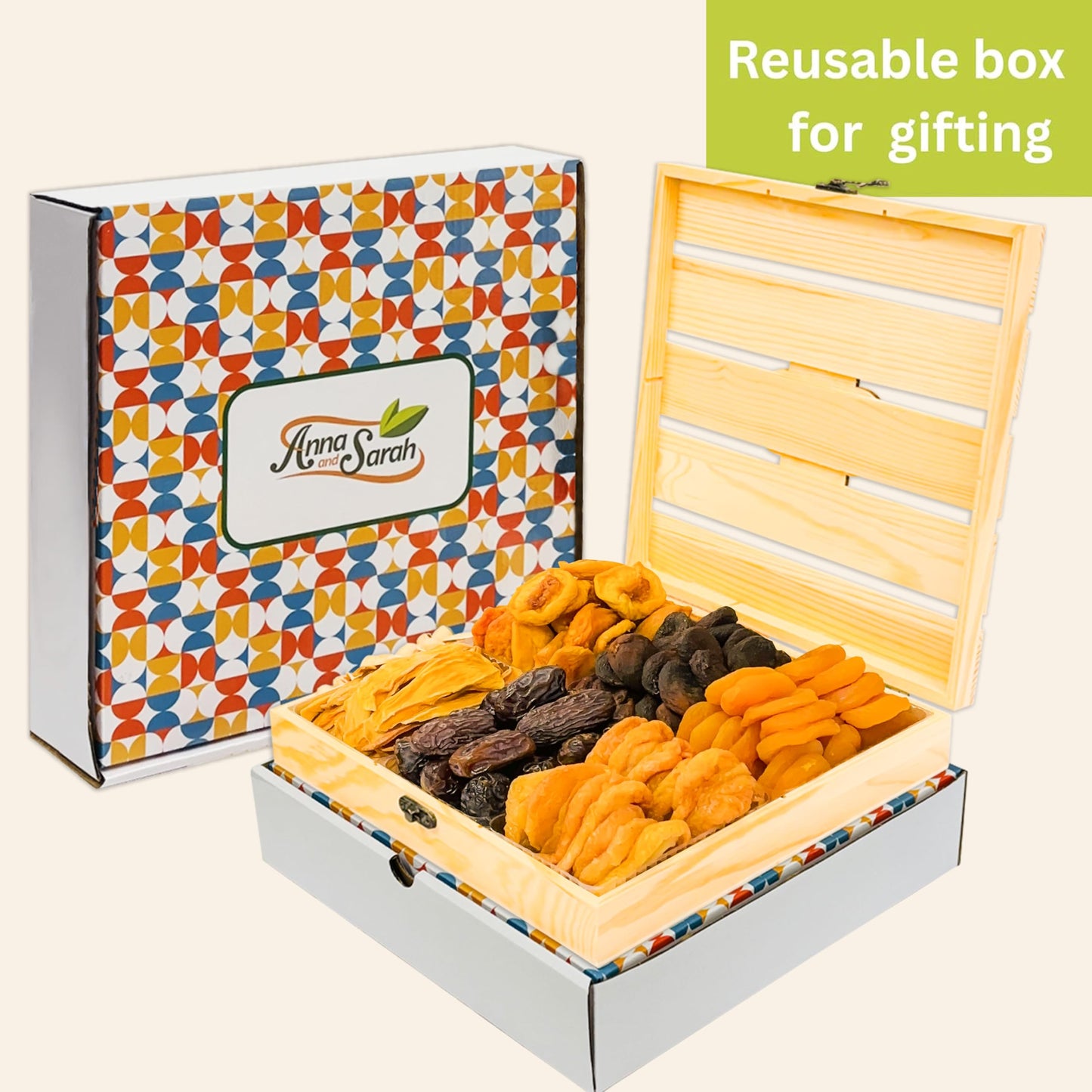 Anna And Sarah Gourmet Dried Fruit In Wooden 6 Compartments Gift Box Includes Strip Mango-Fancy Dates-Pear-Peach- Apricot-Dried Apricot Kosher-Halal For Christmas-Holiday For Mom-Dad-Boy-Girl Everyone