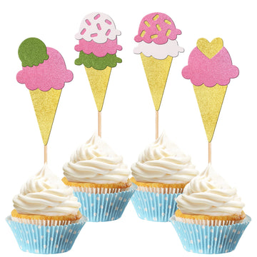 24 PCS Ice Cream Cupcake Toppers Assembled Glitter Paper Ice Cream Luau Cupcake Picks for Summer Hawaii Theme Baby Shower Weddin