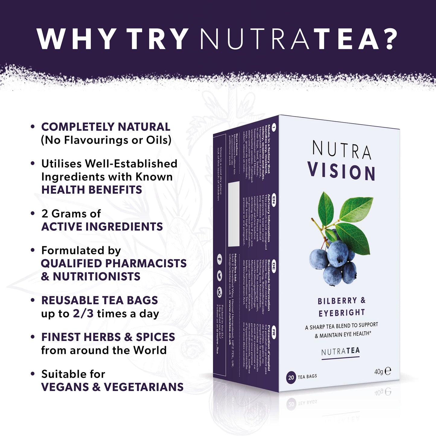 Nutravision - Eye Health Tea - Includes Bilberry & Eyebright - For General And Age-Related Eye Health - 20 Enveloped Tea Bags -
