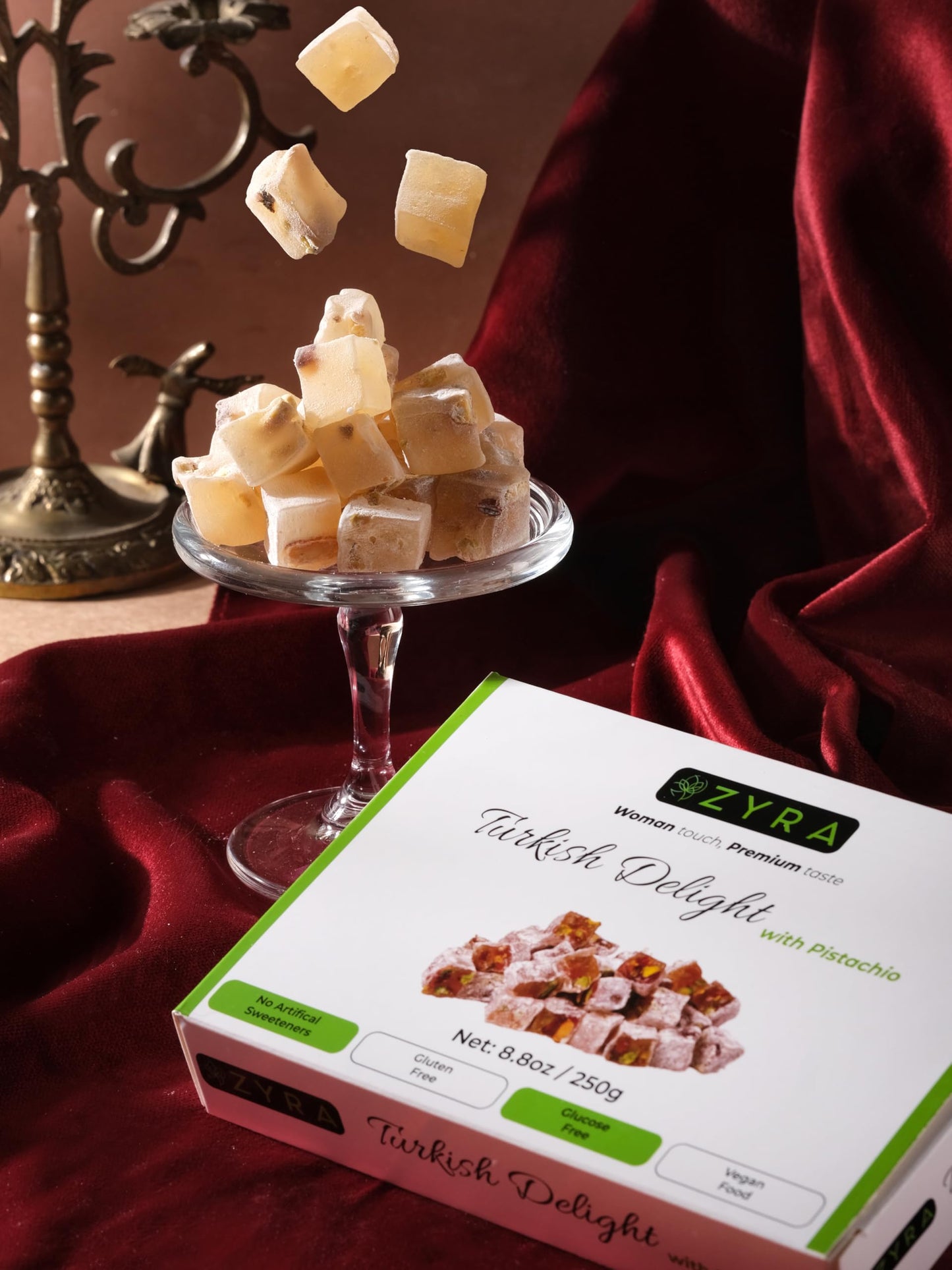 Zyra Turkish Delight With Pistachio - 8.8Oz - Woman Owned Brand - Luxury With Roasted Pistachio - Authentic Enhanced Lokum Confectionery - Gifts For Everyone