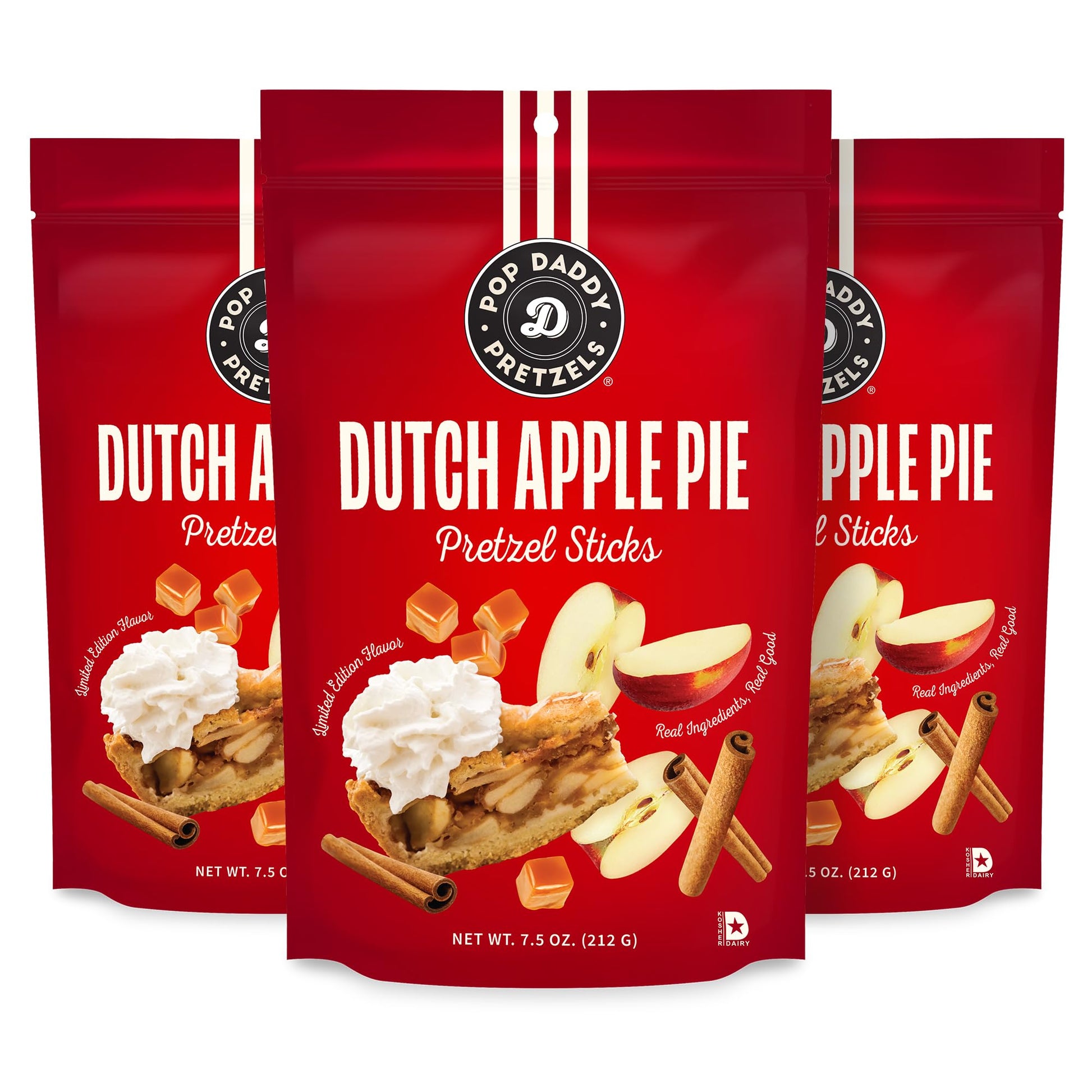 Pop Daddy Flavored Pretzel Sticks, Healthy Gourmet Pretzels Snacks, 7.5oz Individual Bags, 3 Pack, Dutch Apple Pie (Limited Flav