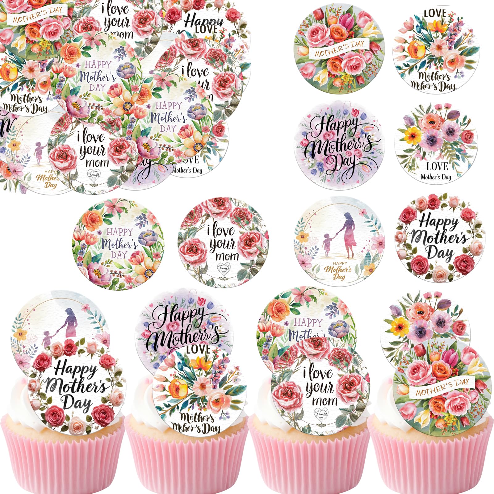 Fyeoxle 36pcs Edible Floral Happy Mother's Day Cupcake Toppers Wafer Paper Love Mom Cupcake Picks Edible Flower Mothers Day Cake