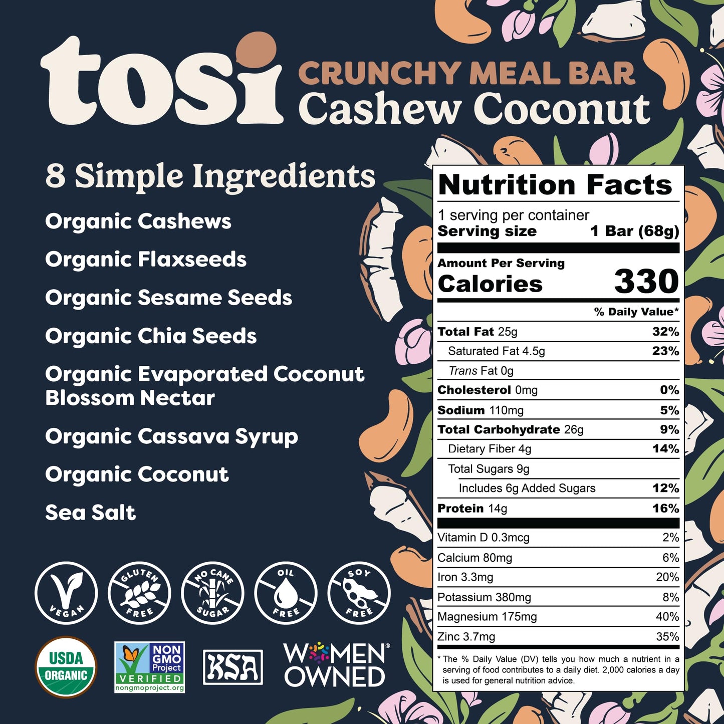Tosi Meal Bars - Cashew Coconut, Vegan Snack Bars, 14g Protein, 12 Count, Organic, Gluten Free