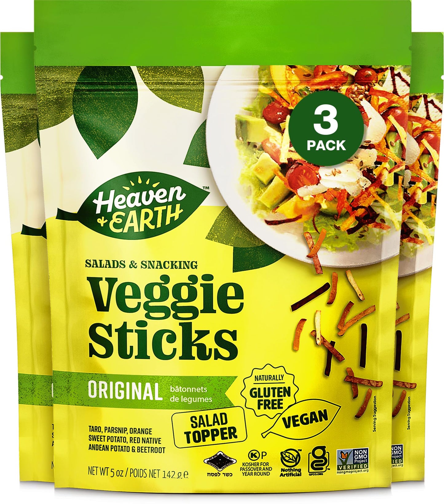 Heaven & Earth, Veggie Sticks, Snack & Salad Topper, 5oz (3 Pack) Resealable Pouch, Gluten Free, Non GMO Verified, Certified Kos