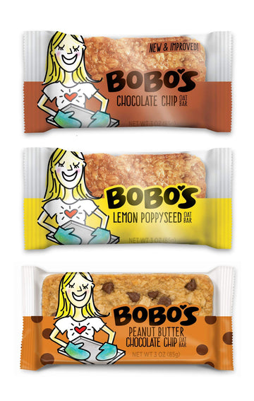 Bobos Oat Bars Variety Sampler, Chocolate Chip, Lemon Poppyseed, Peanut Butter, Gluten Free, 9 Pack, 12 Count