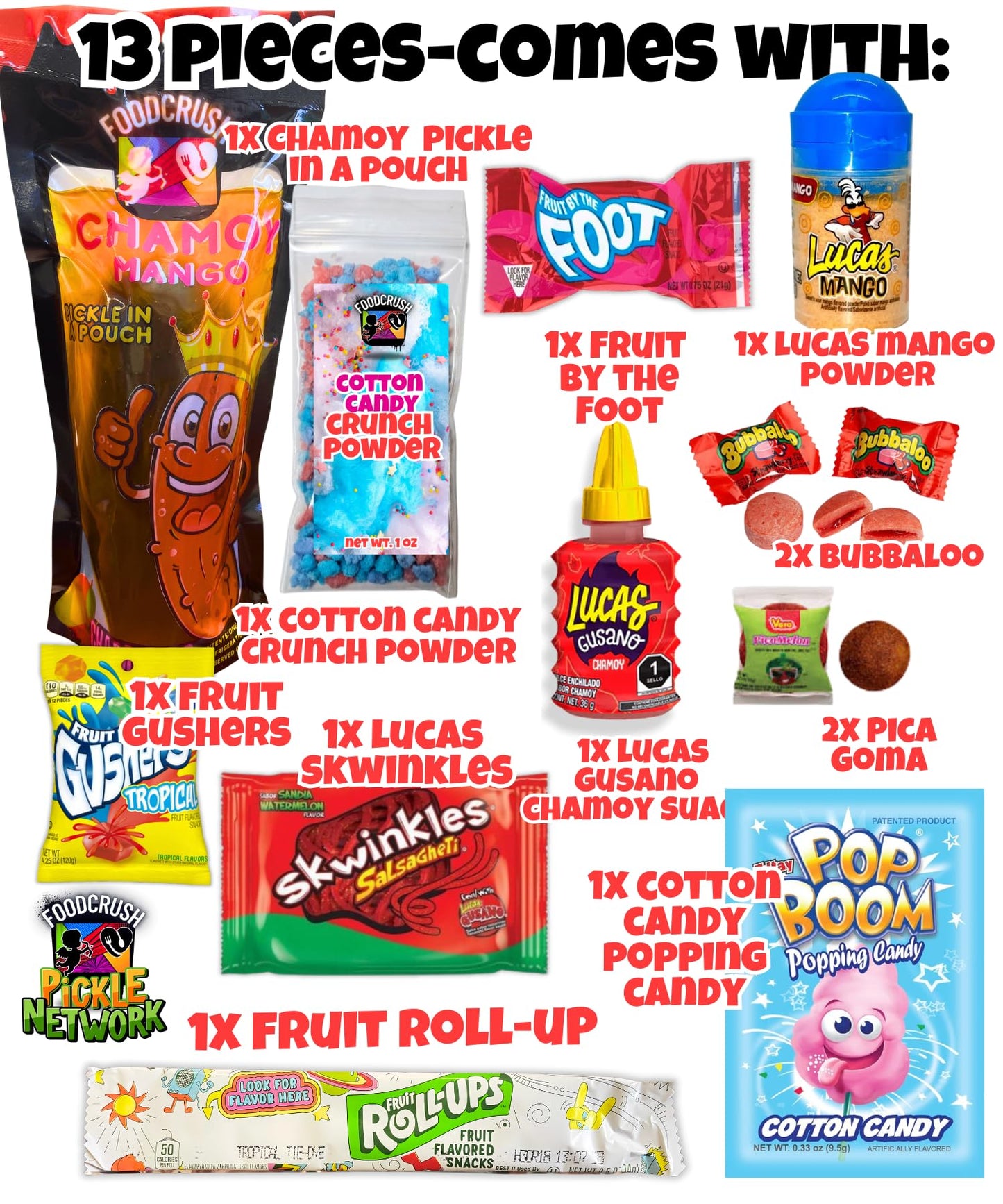 Food Crush Chamoy Pickle Kit with Cotton Candy Crunch - 13 Pcs Birthday Gift Pouch for Teens and Kids, Includes Fruit Roll Ups and Salsagheti