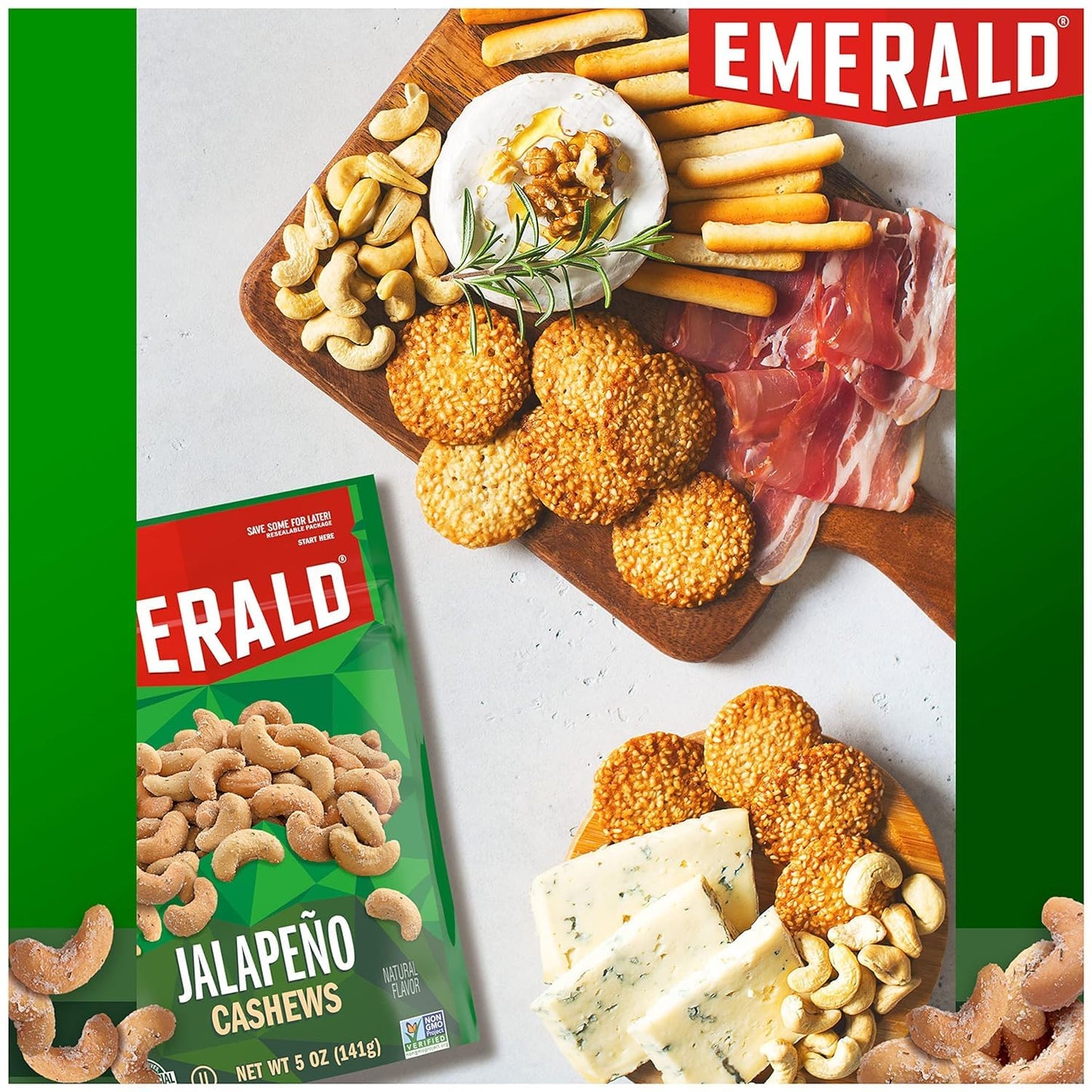 Emerald Nuts Jalapeno Cashews, 5 Oz Resealable Bag, Pack of 3