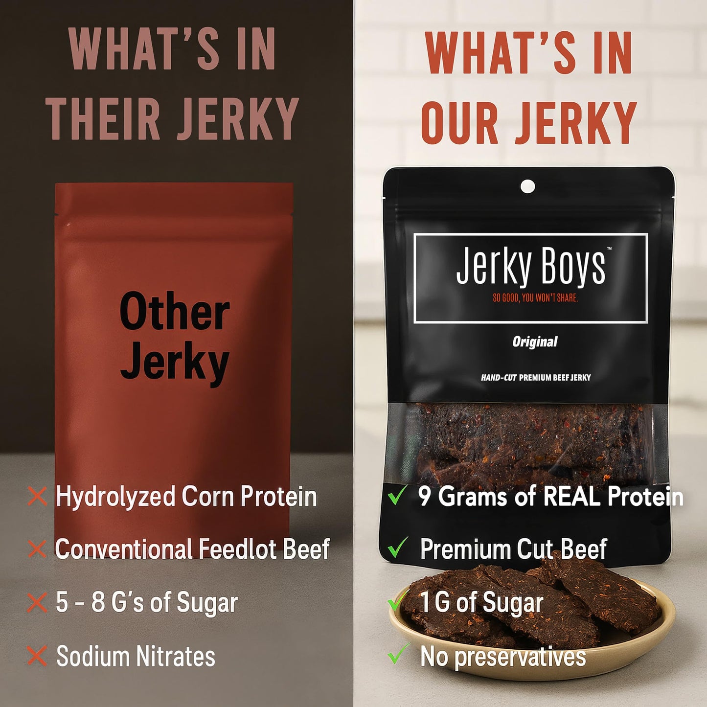 Jerky Boys Beef Jerky - Low Calorie, Low Carb, High Protein Snack - Original Flavor, 3.25oz (Pack of 2)