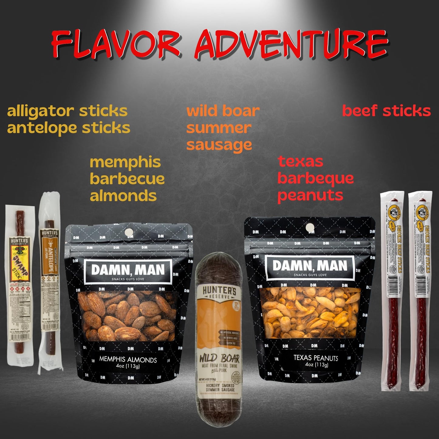 Beef Jerky Gift Basket for Men - Great Gift for Men, Dad - Includes Exotic Jerky Snacks, Alligator, Venison, Boar, Gourmet Nuts,