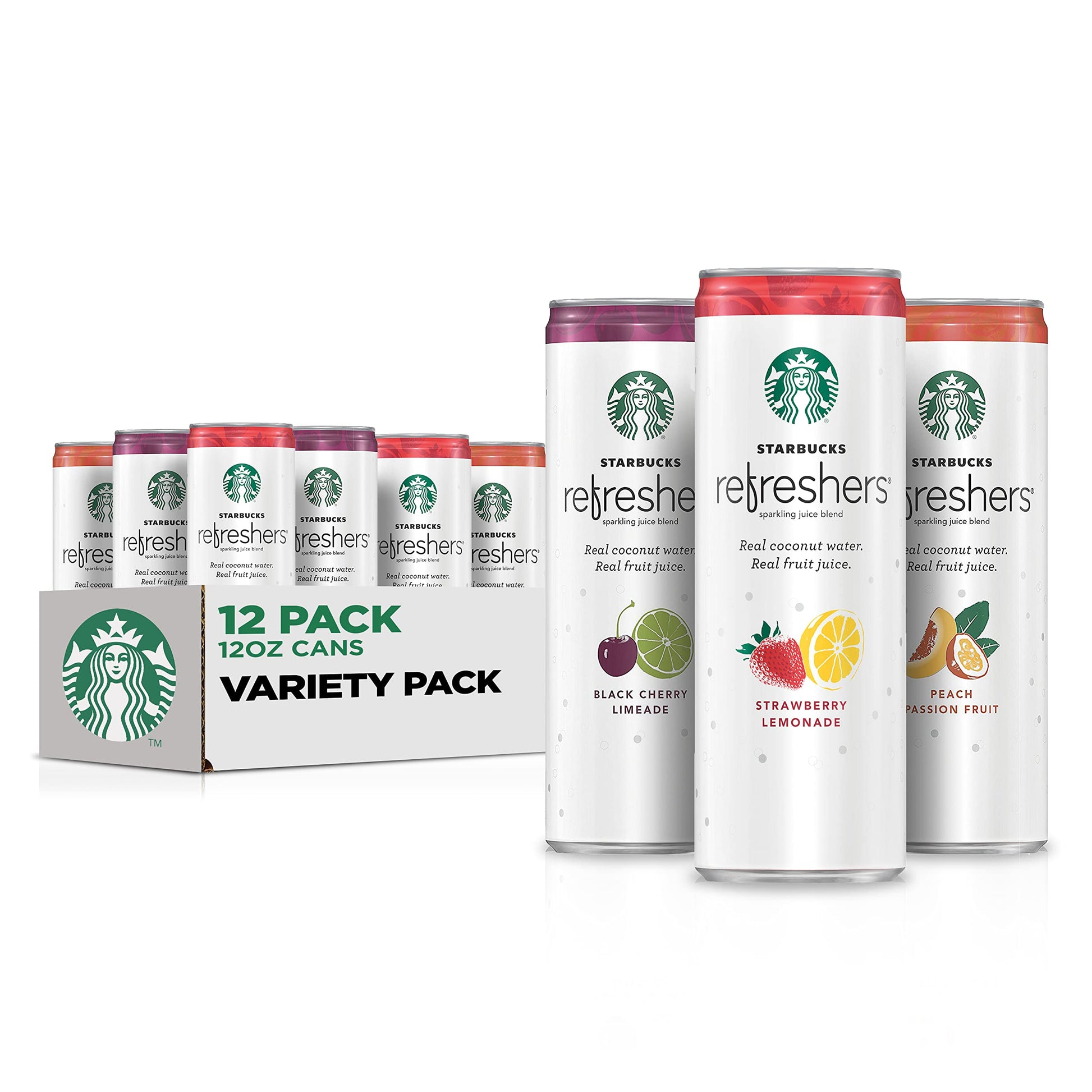 Starbucks Refreshers Variety Pack, 3 Flavors with Coconut Water, 12 Fl Oz Cans, Pack of 12