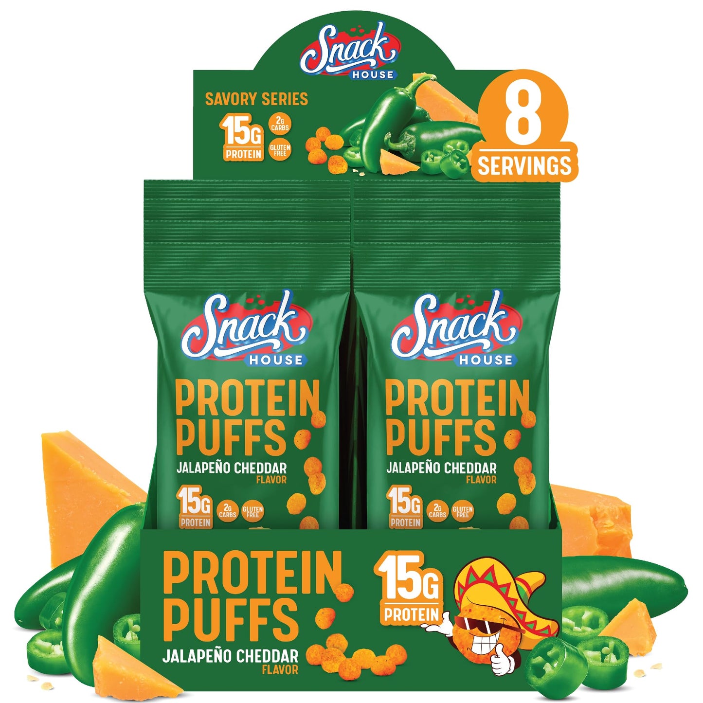 Snack House High Protein Puffs - Jalapeno Cheddar Flavor, Low Carb, 15g Protein, 5.5oz Pack, Gluten & Grain Free, Keto Friendly