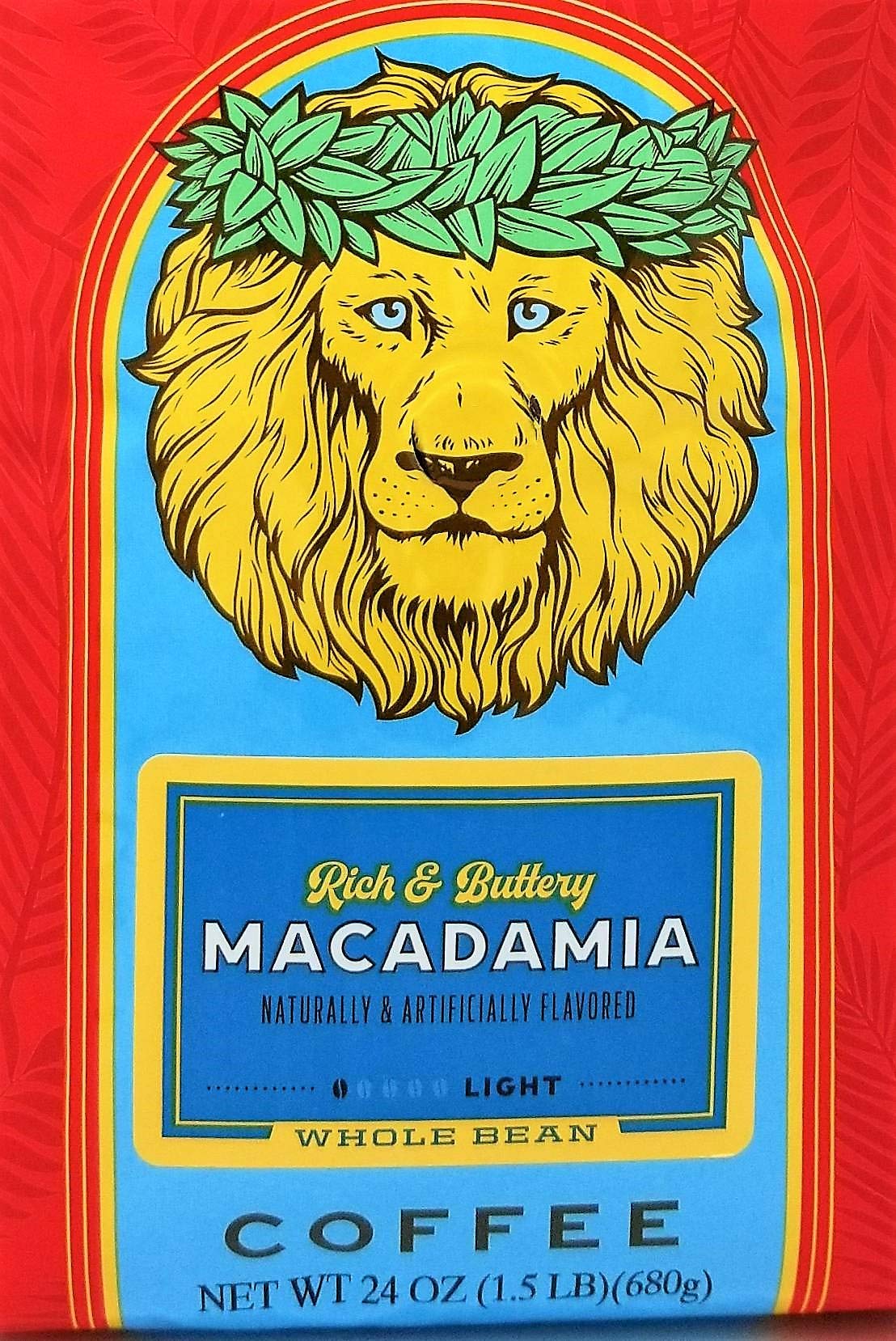 Lion Coffee, Macadamia Flavor Light Roast - Whole Bean Coffee, 24 Ounce Bag