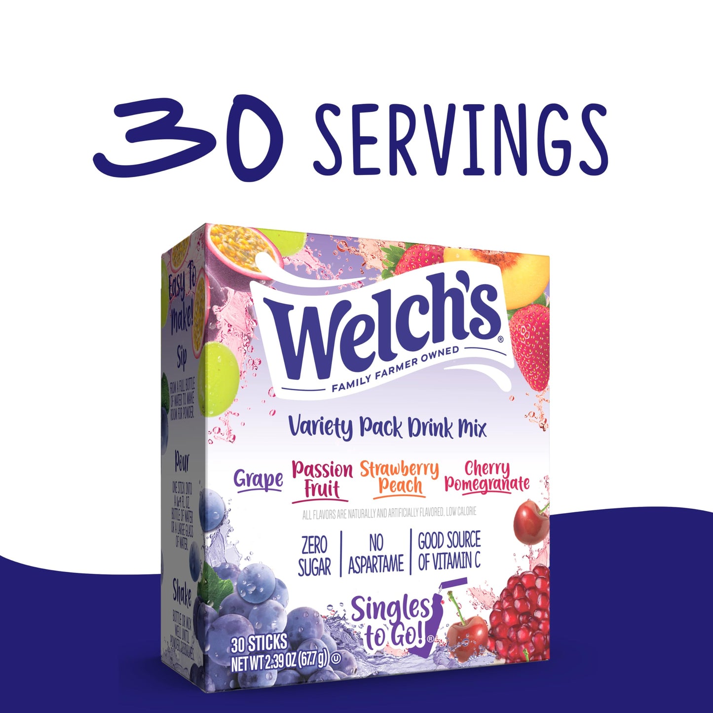 SINGLES TO GO! Welchs Singles To Go Variety Pack, Powdered Drink Mix, 30 Servings, 4 Flavors: G , Passion Fruit, Strawberry Peach, Cherry Pomegranate