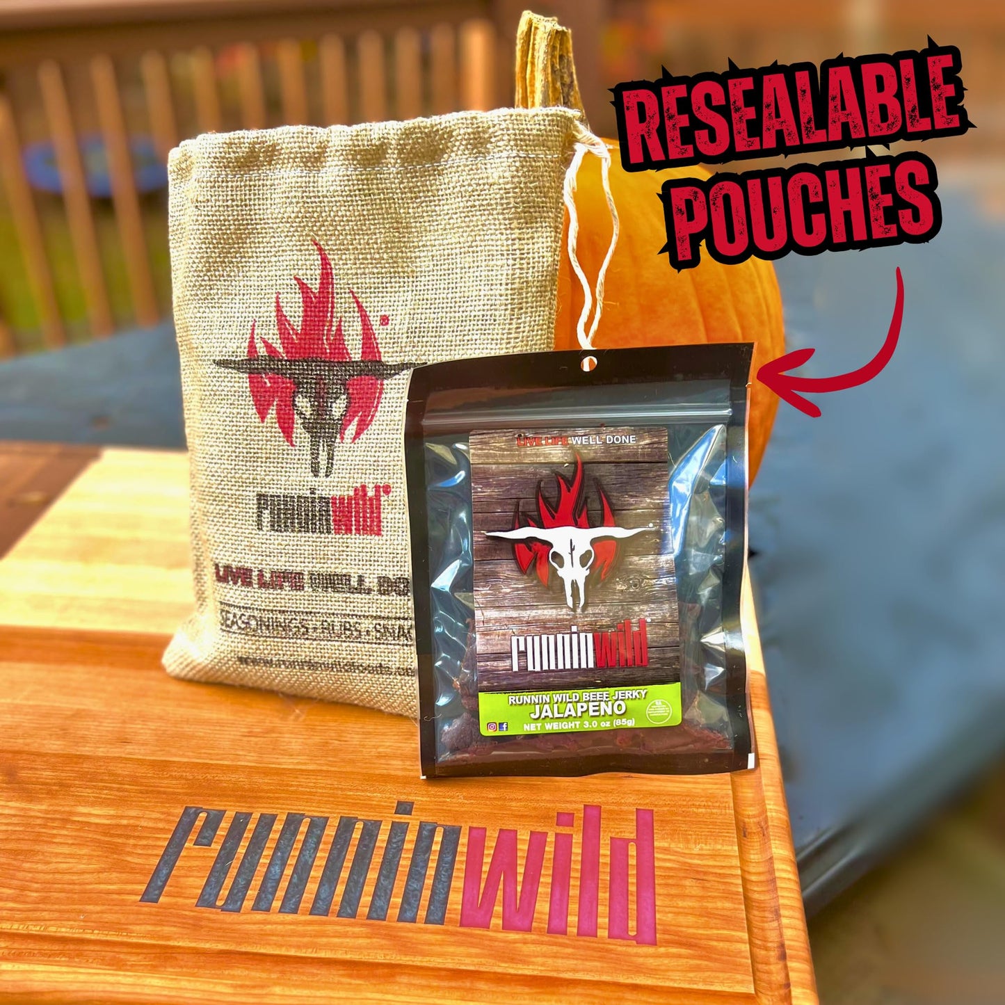 Bold & Flavor-Packed Beef Jerky Variety Pack – 100% Real Beef Sampler With Peppered, Original, Jalapeño & Teriyaki | 4 Jerky Snack Packs In Signature Runnin’ Wild Burlap Bag | Gifts For Men Who Love Meat