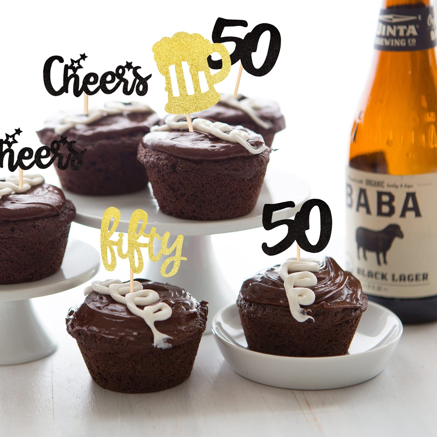 ZHUOWEISM Cupcake Toppers, 36 PCS Glitter malt-inspired Mug, 50th Birthday Decorations, Small, Gold/White, Bamboo