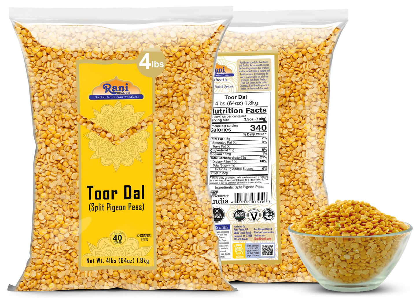 Rani Toor Dal (Split Pigeon Peas) 64Oz (4Lbs) 1.81Kg Bulk ~ All Natural | Gluten Friendly | Non-Gmo | Vegan | Indian Origin