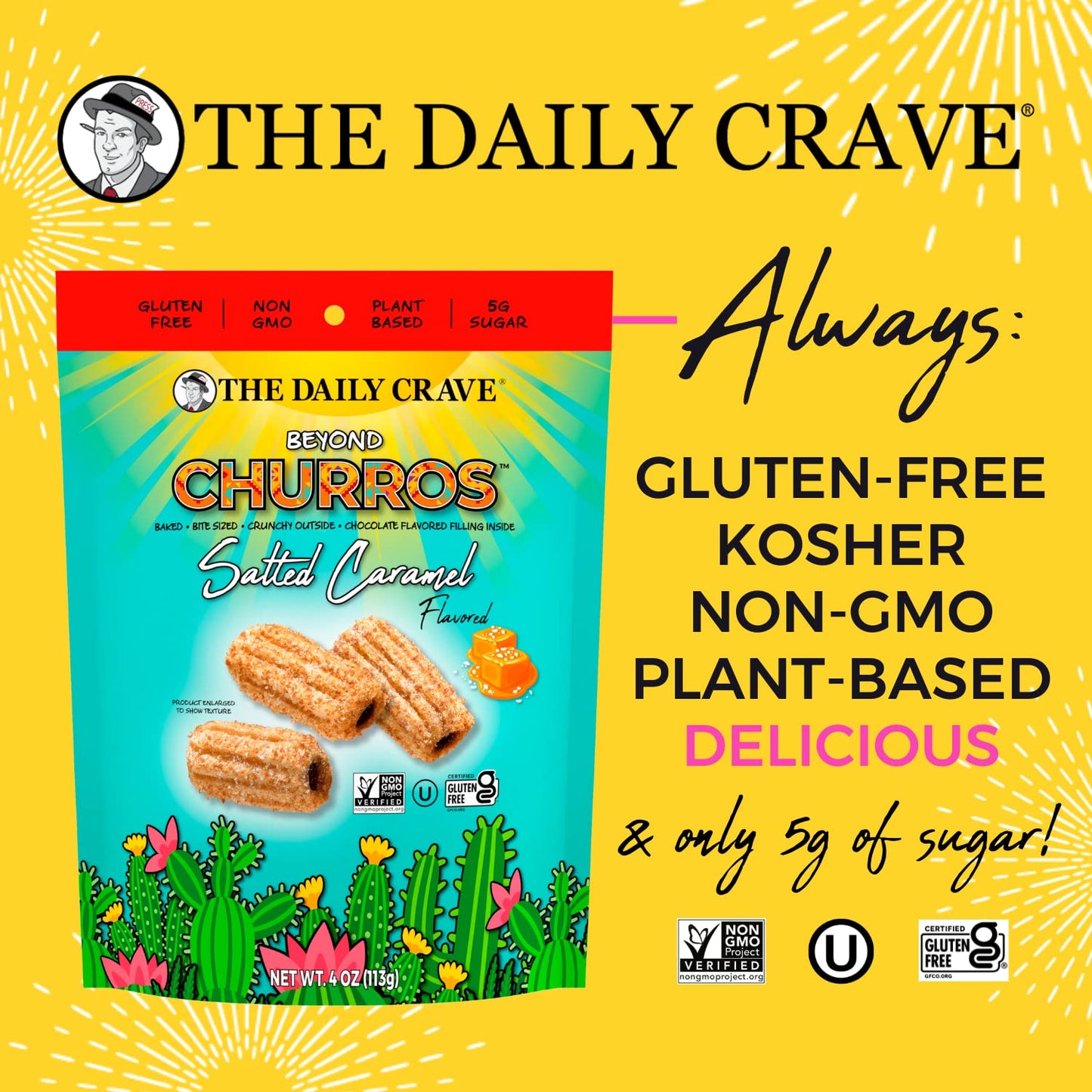 The Daily Crave Beyond Churros, Salted Caramel, 4 Oz (Pack Of 6) Plant Based Protein, Dairy And Soy-Free, Gluten-Free, Non-Gmo,