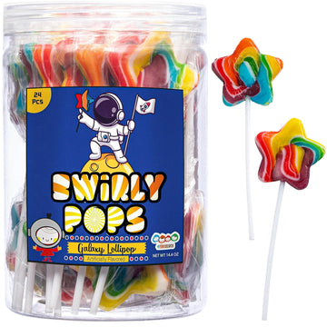 24 Galaxy Star Rainbow Lollipops Individually Wrapped, Bursting With Fruity Flavor, Great Swirl Lollipops For Kids Birthday Part