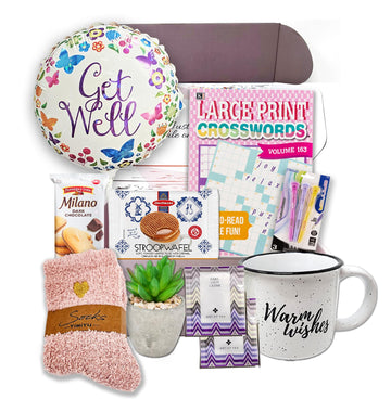 GET WELL SOON Gift basket for women CARE PACKAGE w/Balloon, Feel better soon gift, variety box w/snacks After Surgery hospital o